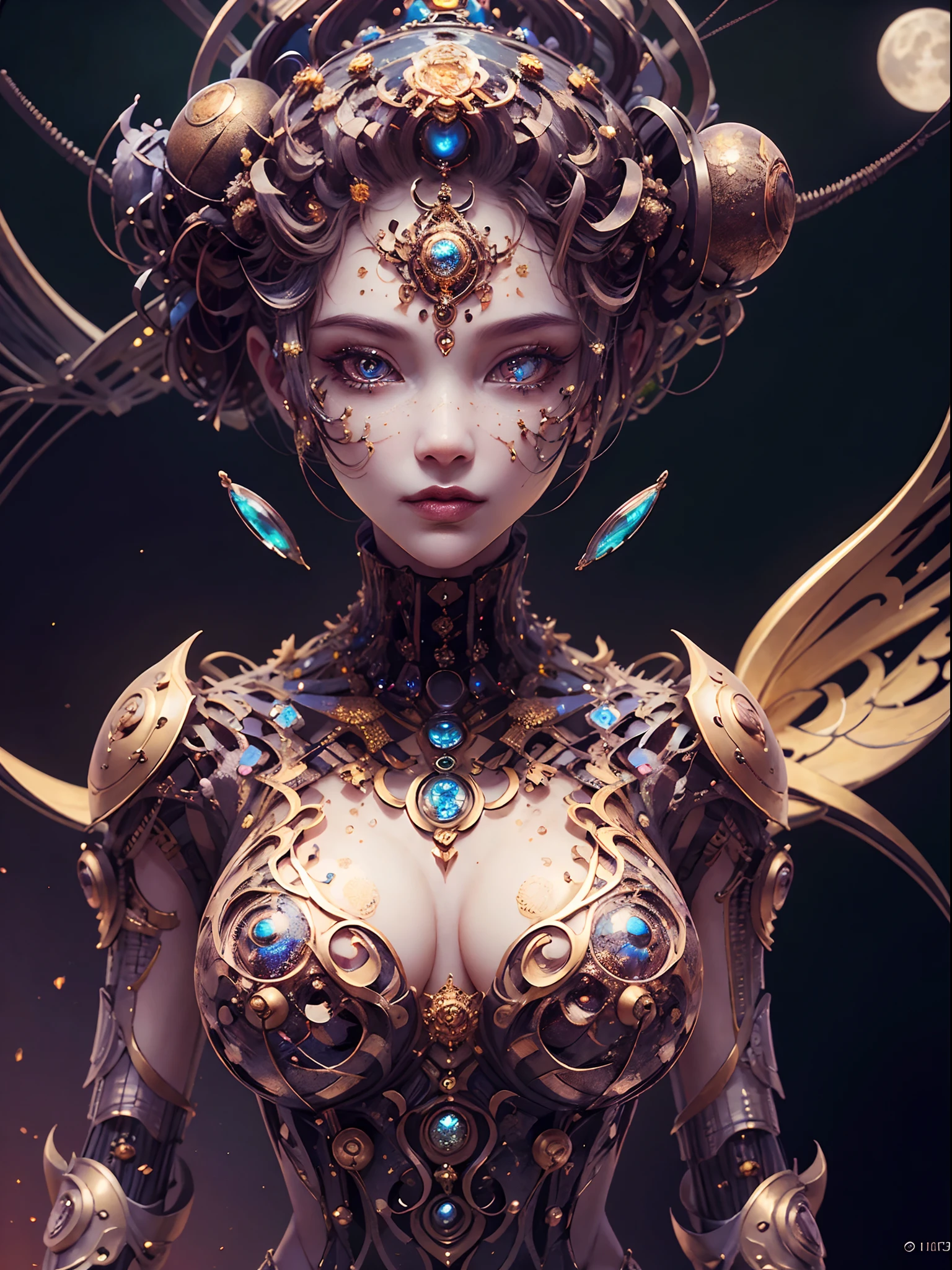 （best qualtiy，ultra - detailed，Most Best Illustration，Best shadow，tmasterpiece，A high resolution，professionalartwork，famousartwork），Detailed eyes，beautidful eyes，closeup cleavage，sci-fy，colored sclera，Robot eyes，face markings，Tattooed with，（fractalized，Fractal eyes），largeeyes，Wide eyes，（Eye focus），sface focus，Cosmic eyes，Space eyes，Close-up of metal sculpture of a woman with a moon in her hair，goddes。extremly high detail，3 d goddess portrait，Extremely detailed footage of the goddess，a stunning portrait of a goddess，Side image of the goddess，portrait of a beautiful goddess，Full body close-up portrait of the goddess，hecate goddess，portrait of a norse moon goddess，goddess of space and time