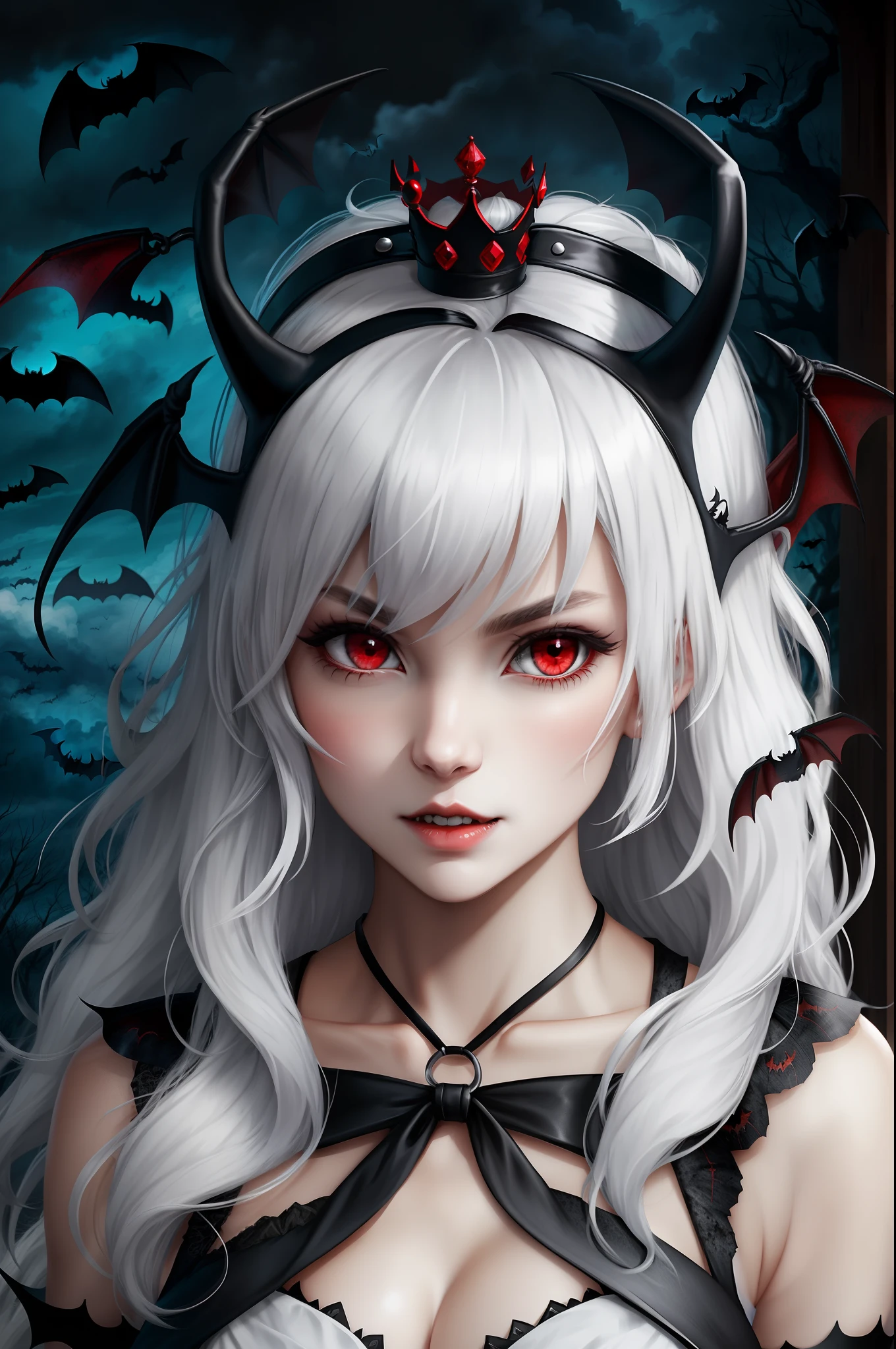 White-haired, red-eyed vampire,Flat-chested loli,Bat headdress,Little Crown