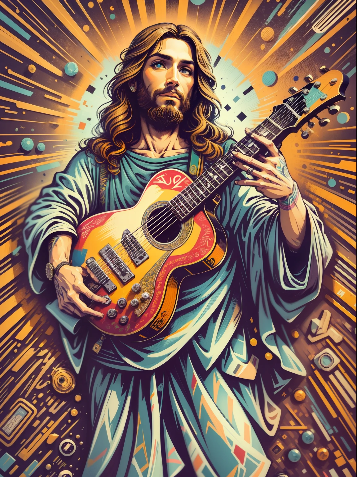 arte vetorial, Colorful graffiti illustration of a jesus holding guitar, cores brilhantes, High detail, fundo branco, estampa para camiseta, sem fundo.