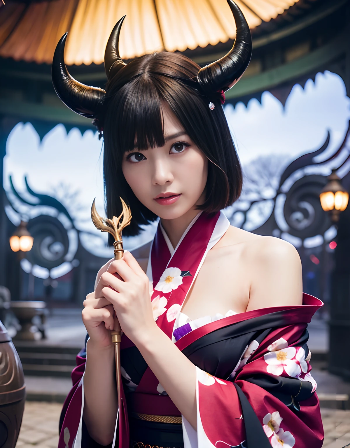 (masutepiece:1.2), ultra-detailliert, 超A high resolution, (Realistic, photo Realistic:1.37), high-definition RAW color photography, professional photograpy, extra detailed face, extremely detailed eye, highlydetailed skin, extremely detailed fingers, highly detailed nose, highly detail mouth, Perfect ???????, Highly detailed backgrounmous actress of Japan:1.2), (gals:1.3), (flat chest), Brown race, Dark skin, Very short cut hair, shadowy, hair messy, Full body, snow in my hair, (Snow in the sky:1.4), Cinematic lighting, (A luxurious red kimono with little fabric:1.3), (shuten douji, Demon of the Japan:1.3), (Wine, Wine bottles:1.2)
