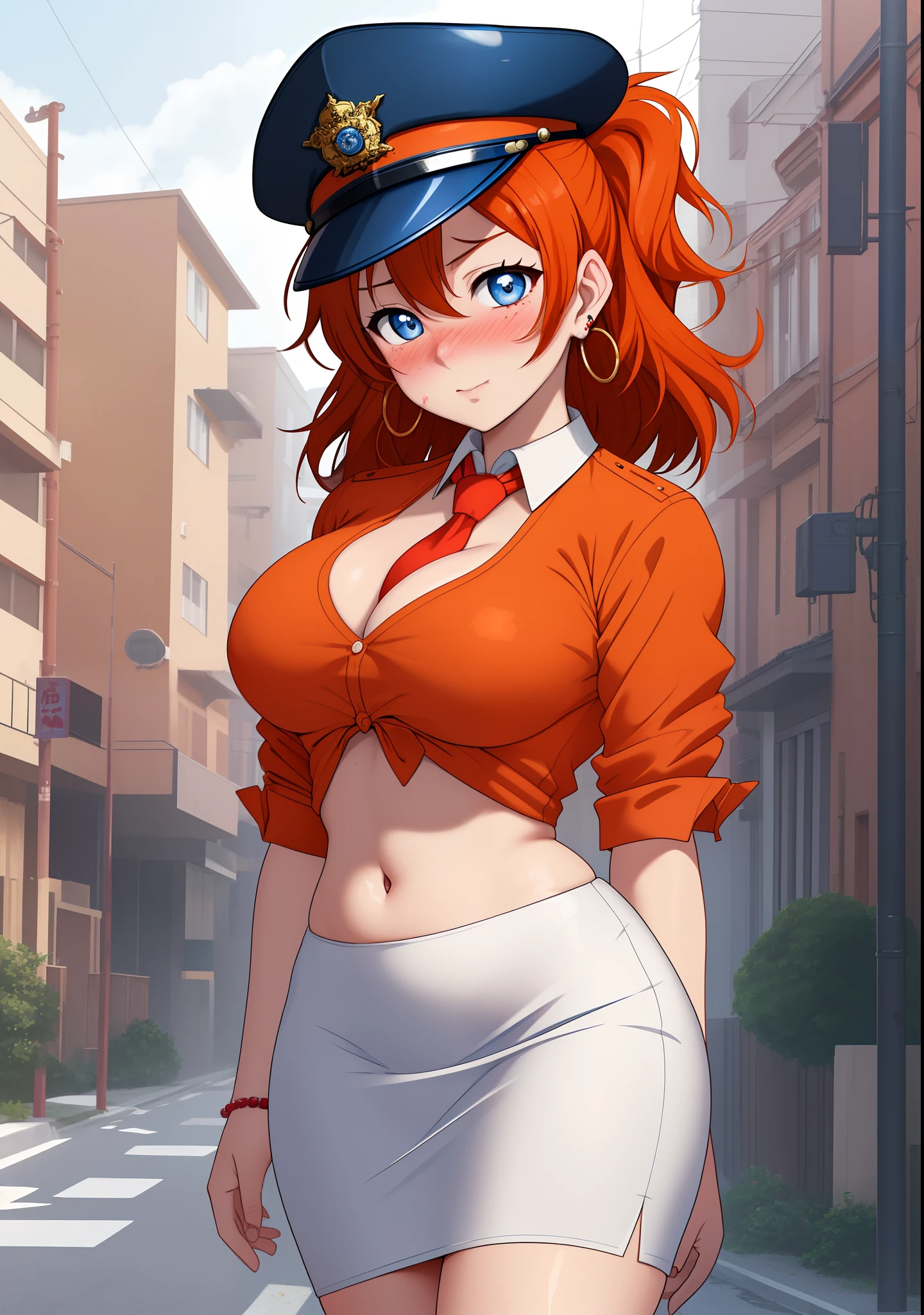 Masterpiece, best quality, (detailed face), kousaka honoka, curvy body, blue eyes, orange hair, cleavage, (embarrassed:1.2),red face ,white shirt,half sleeves,earrings, perfect lightning, pencil skirt, midriff, necktie , standing,police cap,in street,looking at viewer, cowboy shot,skin tight