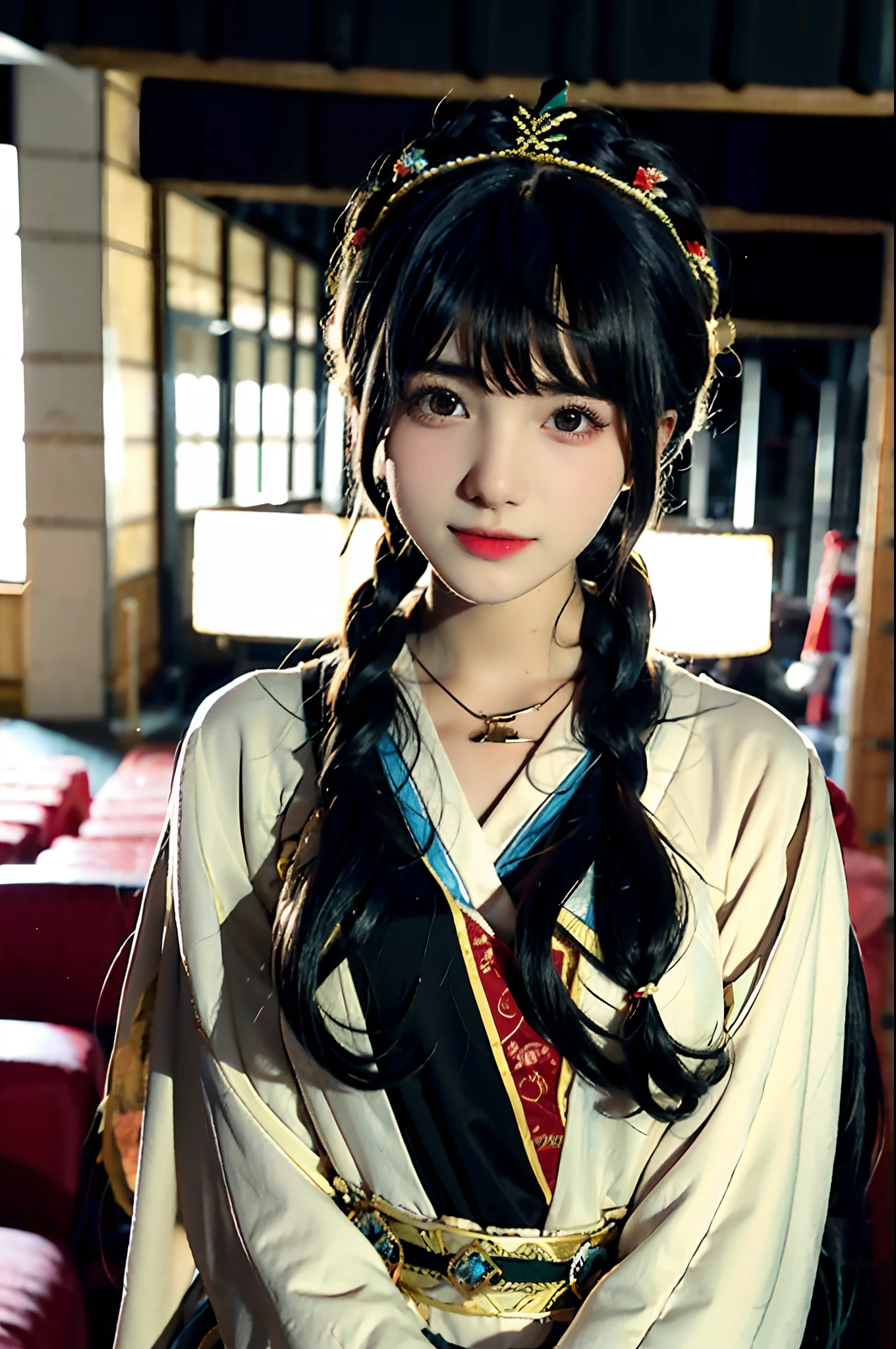 In entertainment venues,a 18 years old beautiful girl,Her long black hair was tied into braids,Wearing a headdress,Wearing Hanfu,
