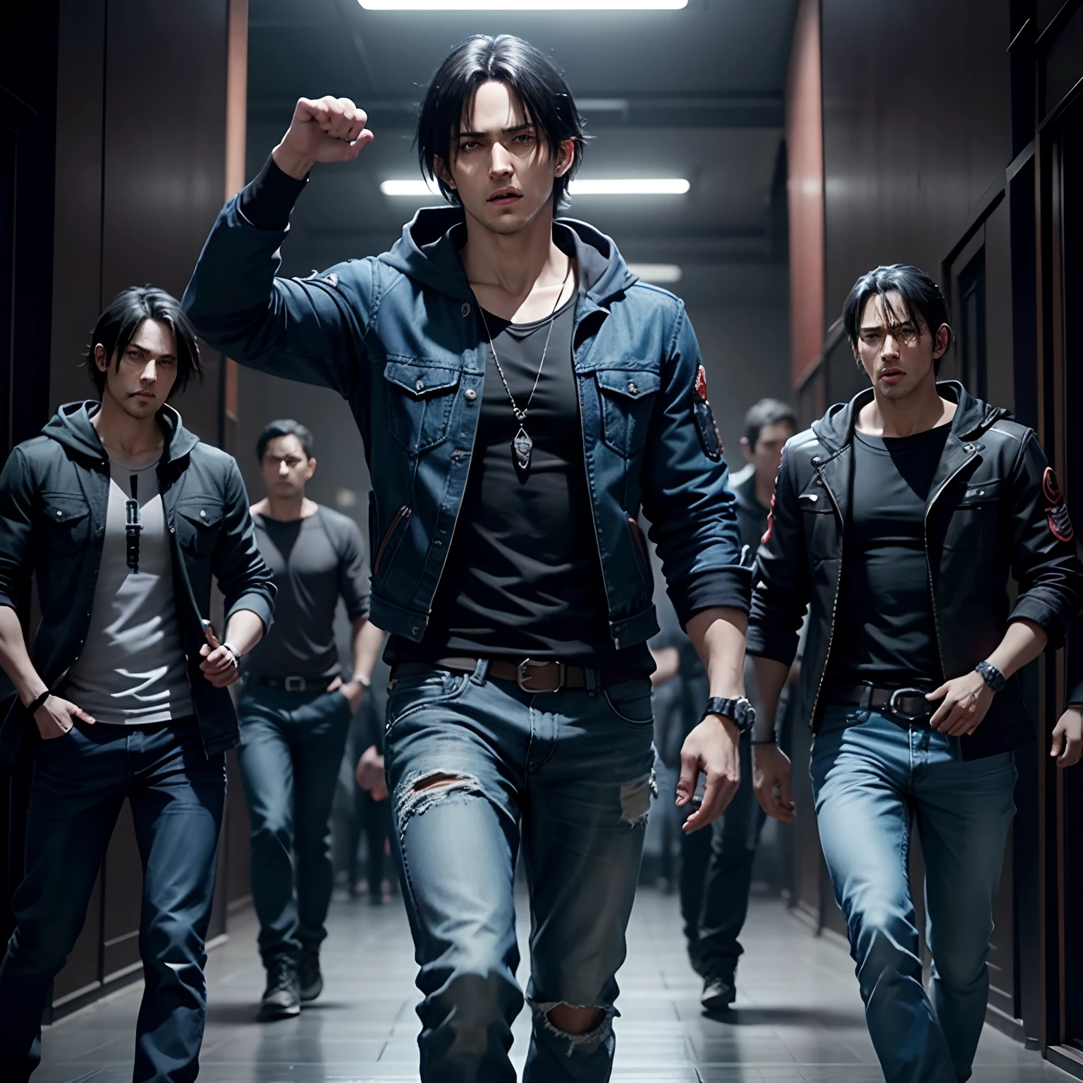 Leon kennedy look like gaming character for fighting game full body, black outfit gray hood jacket And blue jean, black hair,Action single post