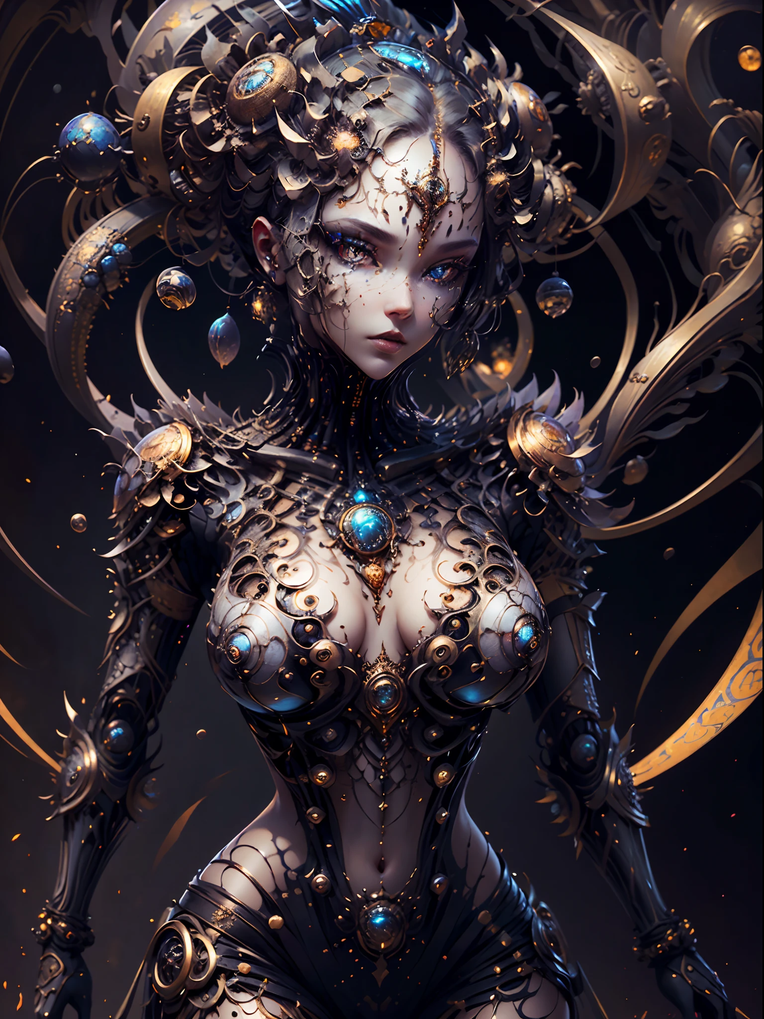 (best qualtiy,ultra - detailed,Most Best Illustration,Best shadow,tmasterpiece,A high resolution,professionalartwork,famousartwork),Detailed eyes,beautidful eyes,closeup cleavage,sci-fy,colored sclera,Robot eyes,face markings,Tattooed with,(fractalized,Fractal eyes),largeeyes,Wide eyes,(Eye focus),sface focus,Cosmic eyes,Space eyes,Close-up of metal sculpture of a woman with a moon in her hair,goddes。extremly high detail,3 d goddess portrait,Extremely detailed footage of the goddess,a stunning portrait of a goddess,Side image of the goddess,portrait of a beautiful goddess,Full body close-up portrait of the goddess,hecate goddess,portrait of a norse moon goddess,goddess of space and time