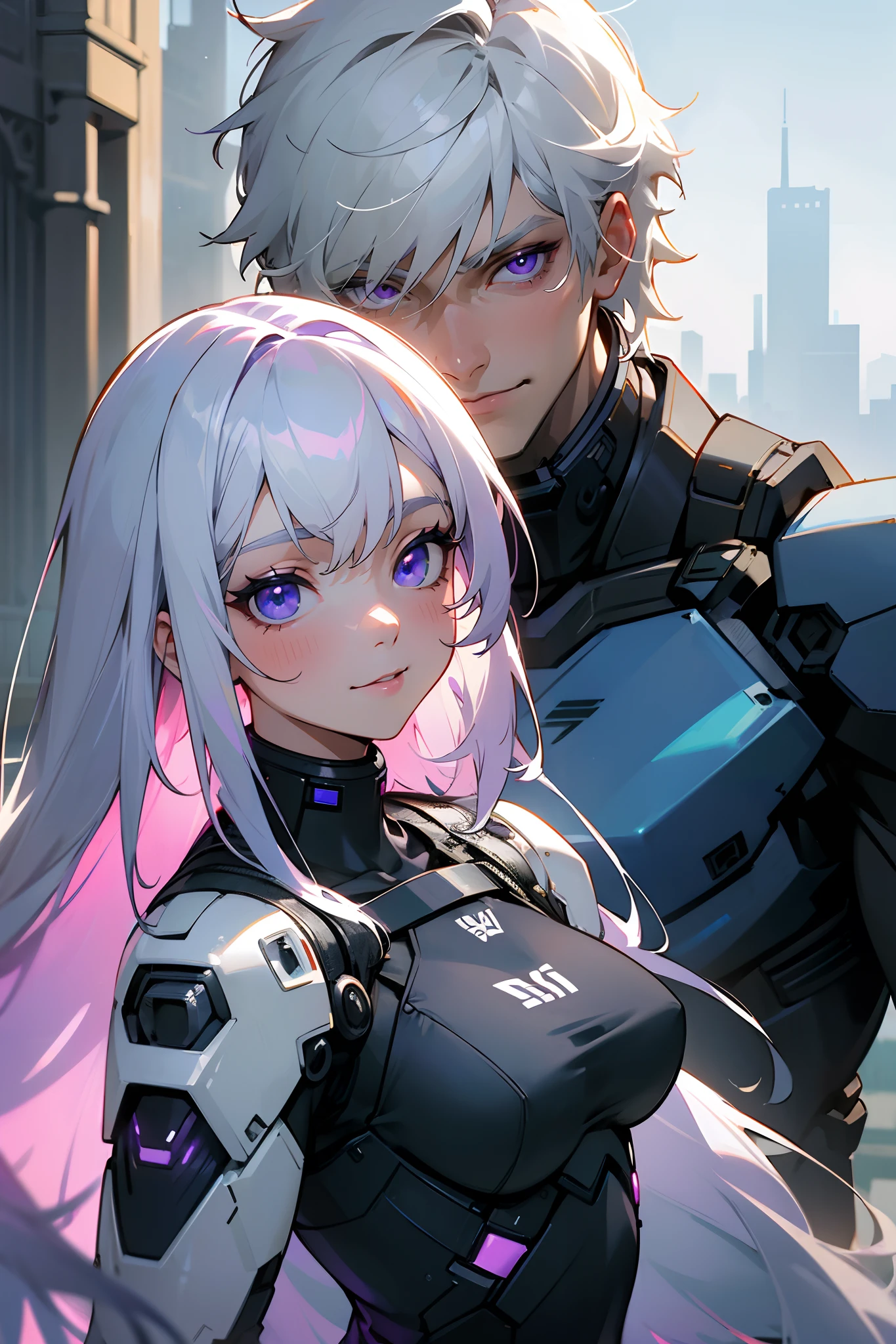 Masterpiece, best quality, realistic, super detailed, portrait of a bustling day scenery in a fallen city background, one white hair man with purple eyes and one white hair woman with blue eyes back to back, black future combat suit with a tint of purple, a match made in heaven, ready for battle, smile, looking at the viewer, visible faces