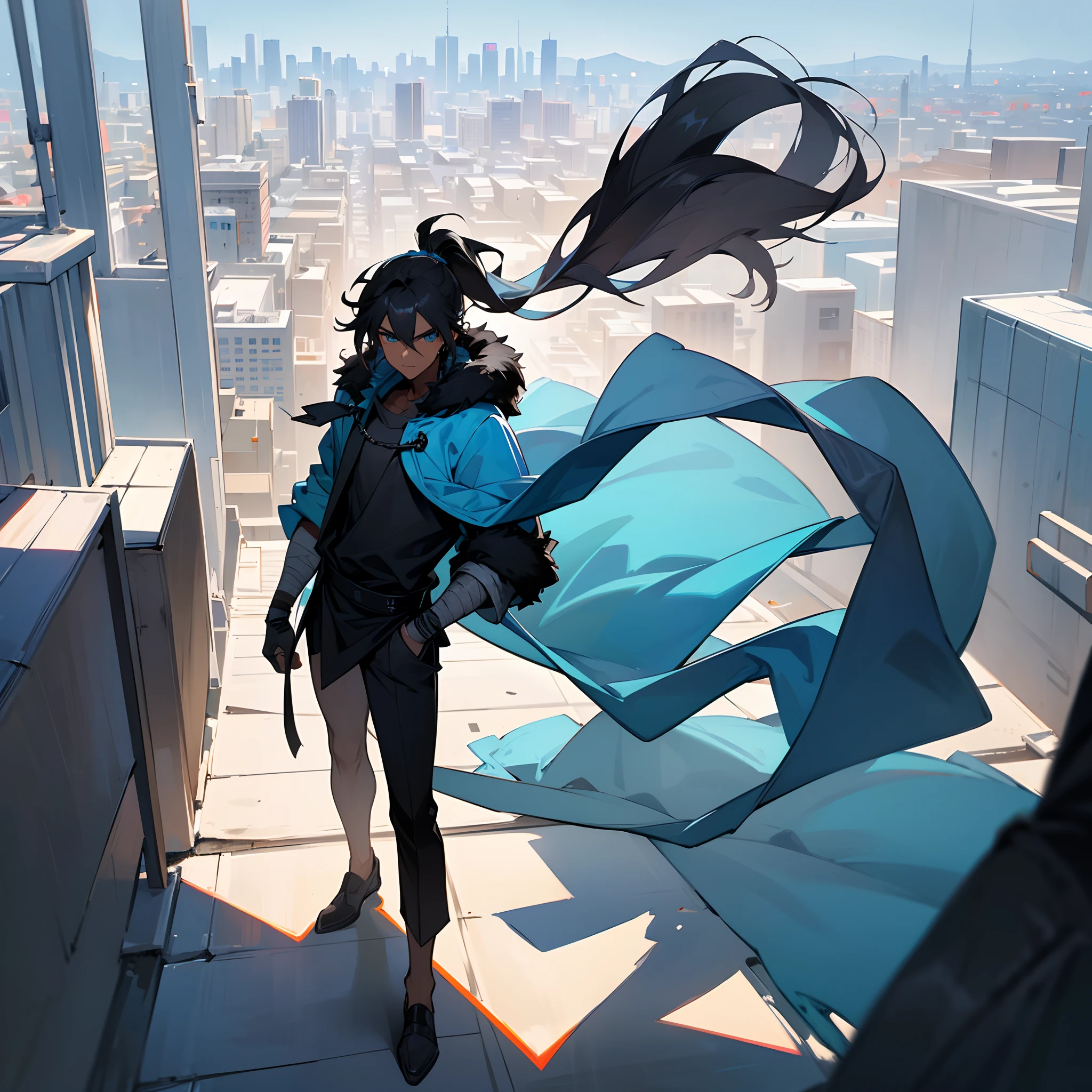 1male, young adult, messy medium length black hair in ponytail, bright blue eyes, walking down path, dark skin, bandages wrapped around arms, best light and shadows, large city, rooftop, posing with hands in pockets, modern clothes, fur jacket with oversized hood