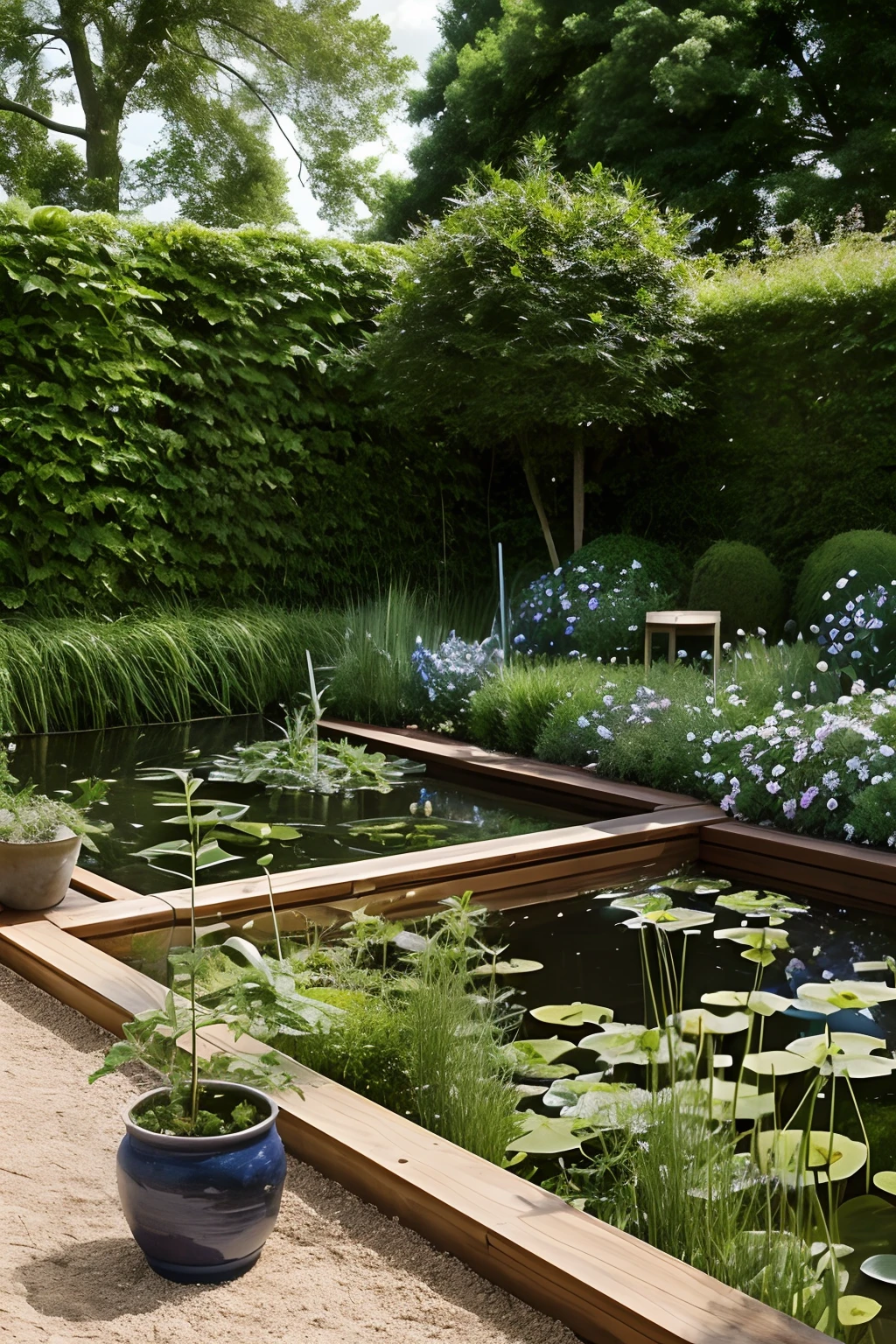 Medaka, keeping, garden, ivy, flowers, flowerpot, gardening, cumulonimbus clouds, summer, Wooden fence, weeds, overgrow,pond,large jar