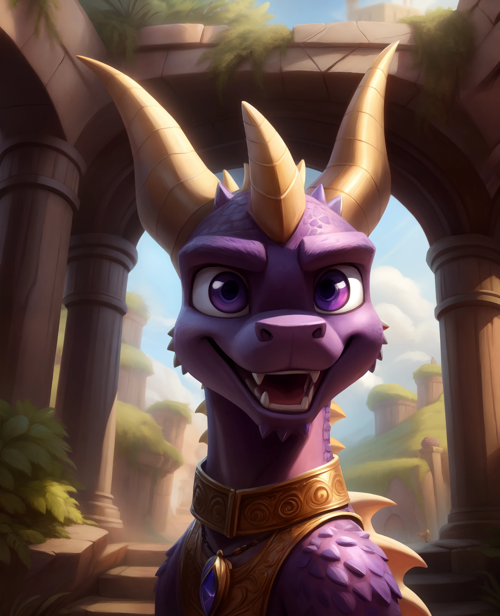 spyro furry, detailed extremely , masterpiece, looking viewer, detailed background, happy,