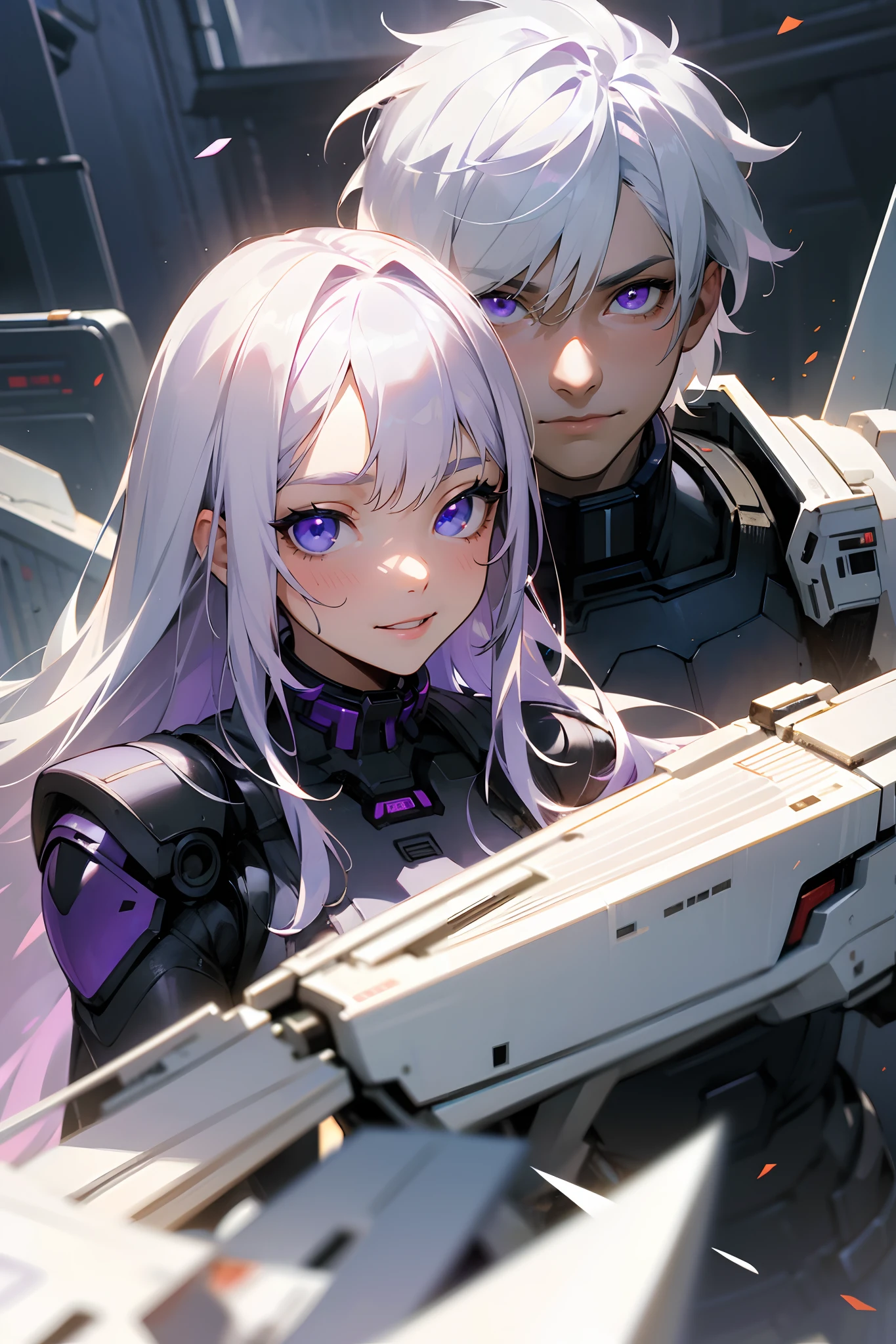 Masterpiece, best quality, realistic, super detailed, portrait of a bustling day scenery in a fallen city background, one white hair man with purple eyes and one white hair woman with blue eyes back to back, black future combat suit with a tint of purple, a match made in heaven, ready for battle, smile, looking at the viewer, visible faces