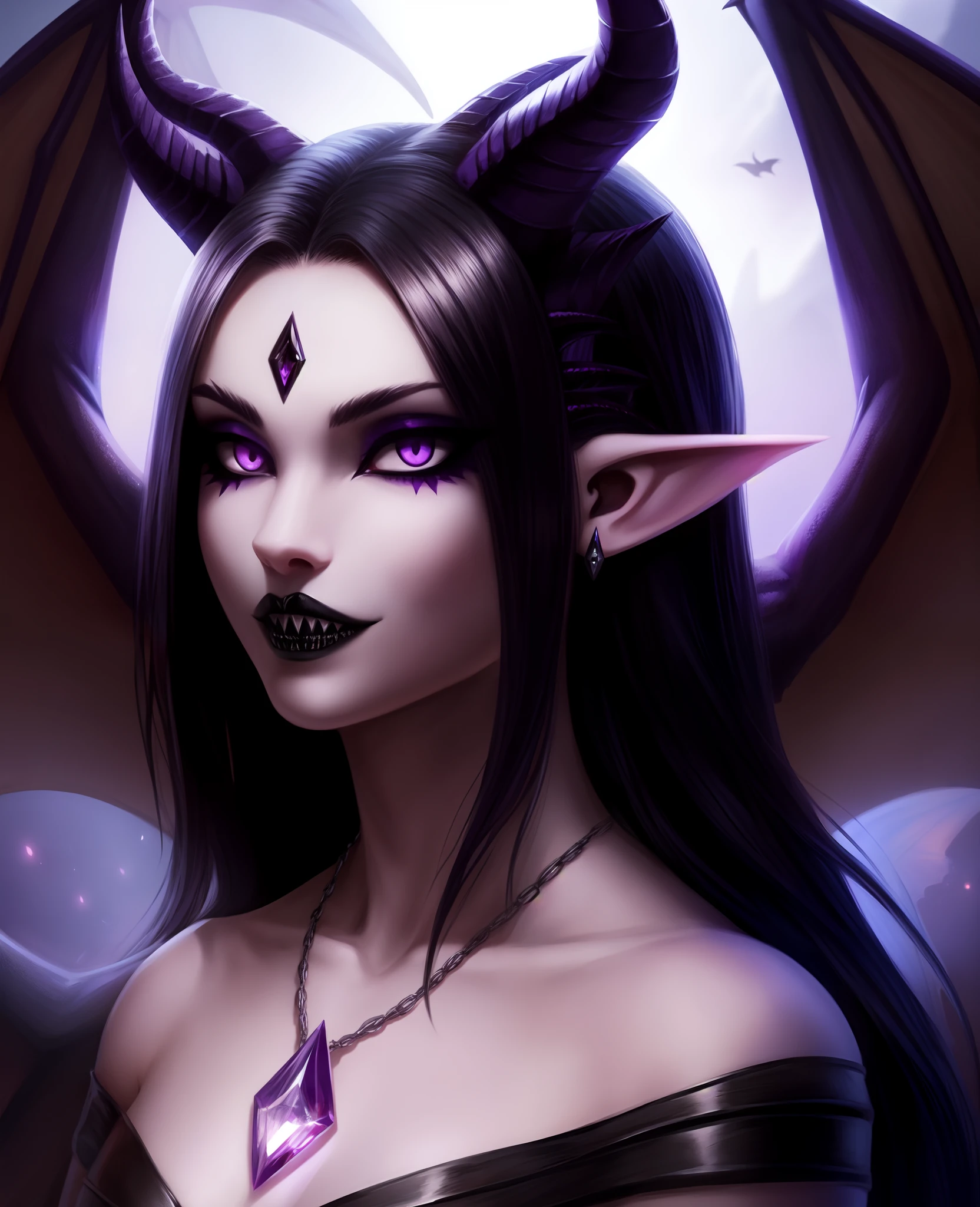 furry, 1girl, solo, demon, purple eyes, sharp teeth, long pointy black nails, long straight hair, black hair, purple horns, black lipstick, elf ears, diamond earrings, purple necklace, light purple tail, cinematic lighting, cat eyes, demon wings, horns, black lips, makeup, black makeup, pointy nails, black nails, demon horns, long tongue, dragon wings, purple dragon wings, pale skin, tail, furry