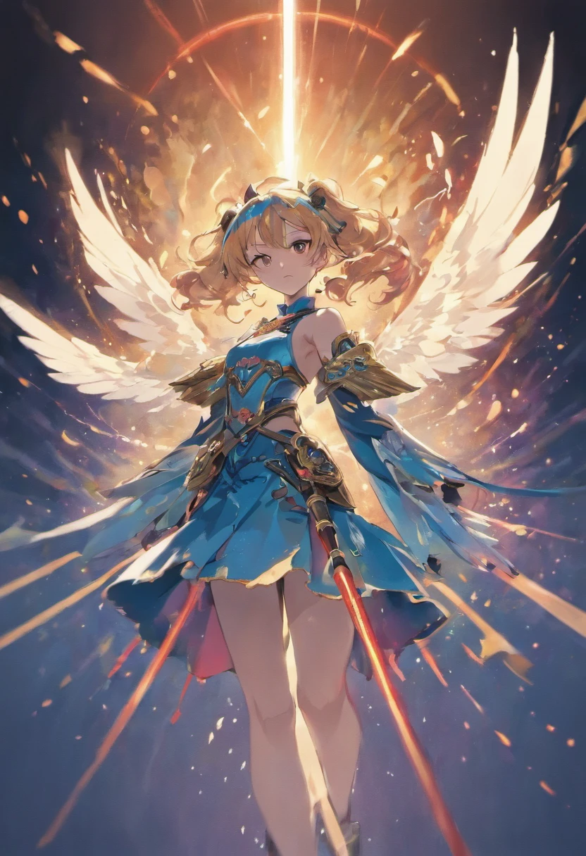 Fighting angel with golden eyes with light blue hair in a ponytail and sword in both hands