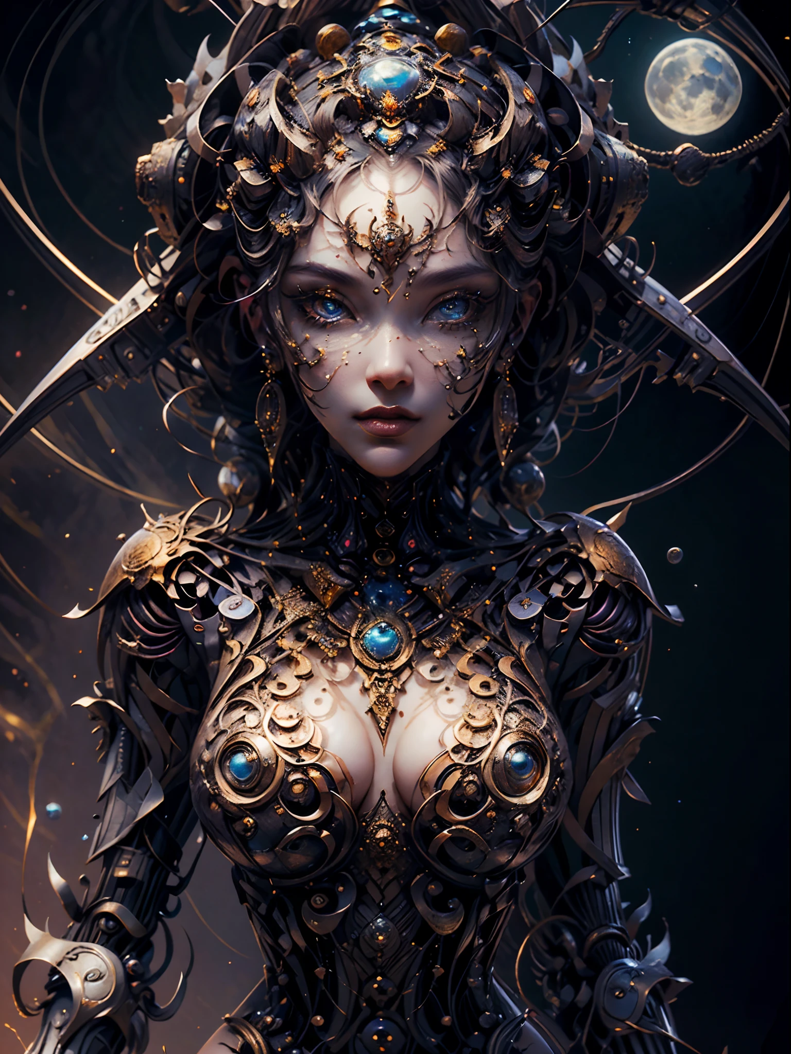 (best qualtiy,ultra - detailed,Most Best Illustration,Best shadow,tmasterpiece,A high resolution,professionalartwork,famousartwork), (dynamic pose), Detailed eyes,beautidful eyes,closeup cleavage,sci-fy,colored sclera,Robot eyes,face markings,Tattooed with,(fractalized,Fractal eyes),largeeyes,Wide eyes,(Eye focus),sface focus,Cosmic eyes,Space eyes,Close-up of metal sculpture of a woman with a moon in her hair,goddes。extremly high detail,3 d goddess portrait,Extremely detailed footage of the goddess,a stunning portrait of a goddess,Side image of the goddess,portrait of a beautiful goddess,Full body close-up portrait of the goddess,hecate goddess,portrait of a norse moon goddess,goddess of space and time
