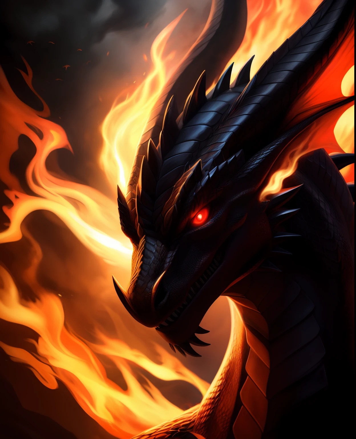 (best quality,4k,8k,highres,masterpiece:1.2),ultra-detailed,(realistic,photorealistic,photo-realistic:1.37),black dragon,dragon in a closeup view,fiery red eye,imposing,fire-breathing, majestic creature,detailed dragon scales,sharp claws,large wings,ominous presence,ominous lighting,smoke and flames,mythical creature,red-hot fire,youthful energy,mesmerizing art,dragon with a dark aura,mesmerizing art style,vivid colors,fiery background,high contrast,detailed texture,powerful,dragon covered in shadows,unique perspective,mystical,close-up of dragon's menacing face,contrasting colors,dark and intense artwork,glowing eyes,dominant presence,ominous atmosphere,highly detailed artistry,unforgettable image,thematic masterpiece