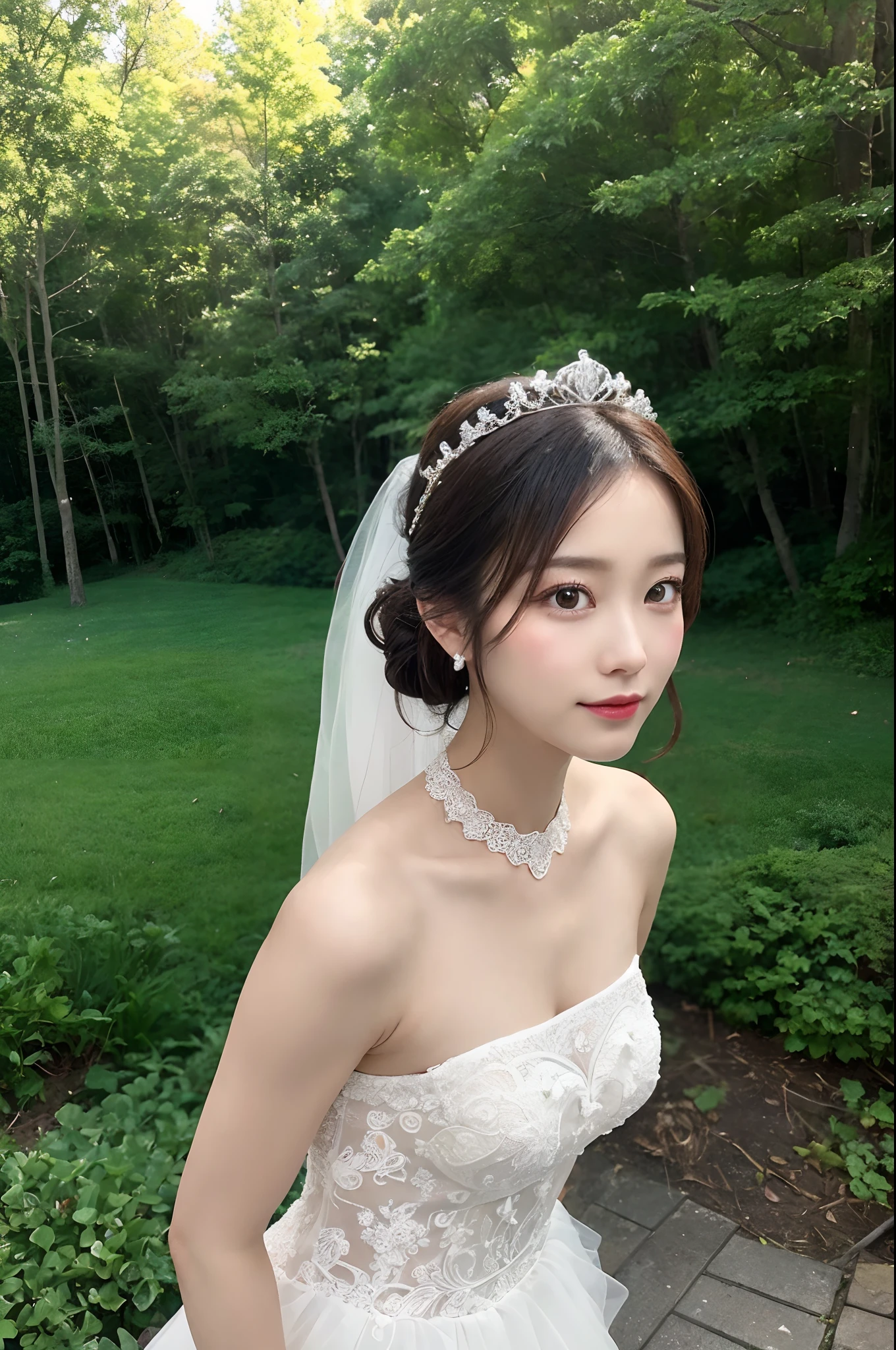 (Extremely delicate and beautiful work)、(tmasterpiece)、Highly detailed mermaid wedding dress、halter neck、Bridal tiara、Bridal veil、poneyTail、Enchanted expression、beautiful and clear eyes、simple blurr background、Mare、Ultra-fine painting、delicated face、Delicate figure、Thin Clavicle、Beautiful lips、、(8K、RAW photography、top-quality、tmasterpiece:1.2), (reallistic, Photorealsitic:1.37)、Cute、Professional lighting, photon maping, Radio City,  ((Low-angle full-body shooting))、[[[valley]]]、(The background is forest:1.2)