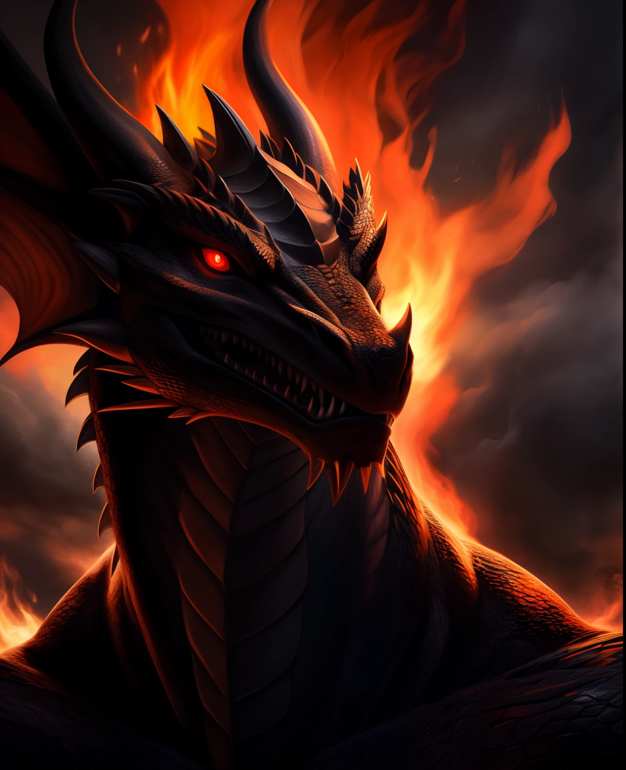 (best quality,4k,8k,highres,masterpiece:1.2),ultra-detailed,(realistic,photorealistic,photo-realistic:1.37),black dragon,dragon in a closeup view,fiery red eye,imposing,fire-breathing, majestic creature,detailed dragon scales,sharp claws,large wings,ominous presence,ominous lighting,smoke and flames,mythical creature,red-hot fire,youthful energy,mesmerizing art,dragon with a dark aura,mesmerizing art style,vivid colors,fiery background,high contrast,detailed texture,powerful,dragon covered in shadows,unique perspective,mystical,close-up of dragon's menacing face,contrasting colors,dark and intense artwork,glowing eyes,dominant presence,ominous atmosphere,highly detailed artistry,unforgettable image,thematic masterpiece