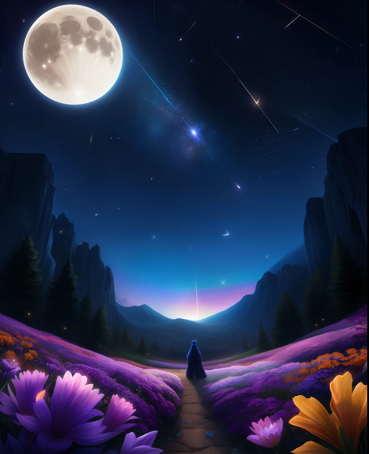 Expansive landscape photograph, (view from below with a view of the sky and wilderness below), little girl standing in a flower field looking up, (full moon: 1.2), (shooting star: 0.9), (nebula: 1.3), distant mountain, tree break production art, (warm light source: 1.2), (firefly: 1.2), lamp, purple and orange, intricate detail, volume lighting, realism break (masterpiece: 1.2) (Best Quality), 4K, Ultra-Detailed, (Dynamic Composition: 1.4), Highly Detailed and Colorful Detail, (Iridescent Colors: 1.2), (Radiant Lighting, Atmospheric Lighting), Dreamy, Magical, (Solo: 1.2), Realistic Flowers, Material, Walls, Ultra-Fine Flowers, Picturesque Walls, Falling Stars, Meteor Shower, Shooting Stars, Fireflies, Small Balls of Light, Orbs, Fantastic, Light Particles, Star Rain, Star Shake, Blue Moon, crescent moon, five-pointed star, first magnitude star, betelgeuse, glass ball, blue light, back view, sentimental, loneliness, ((comet)), bubble 🫧, blue glowing hair