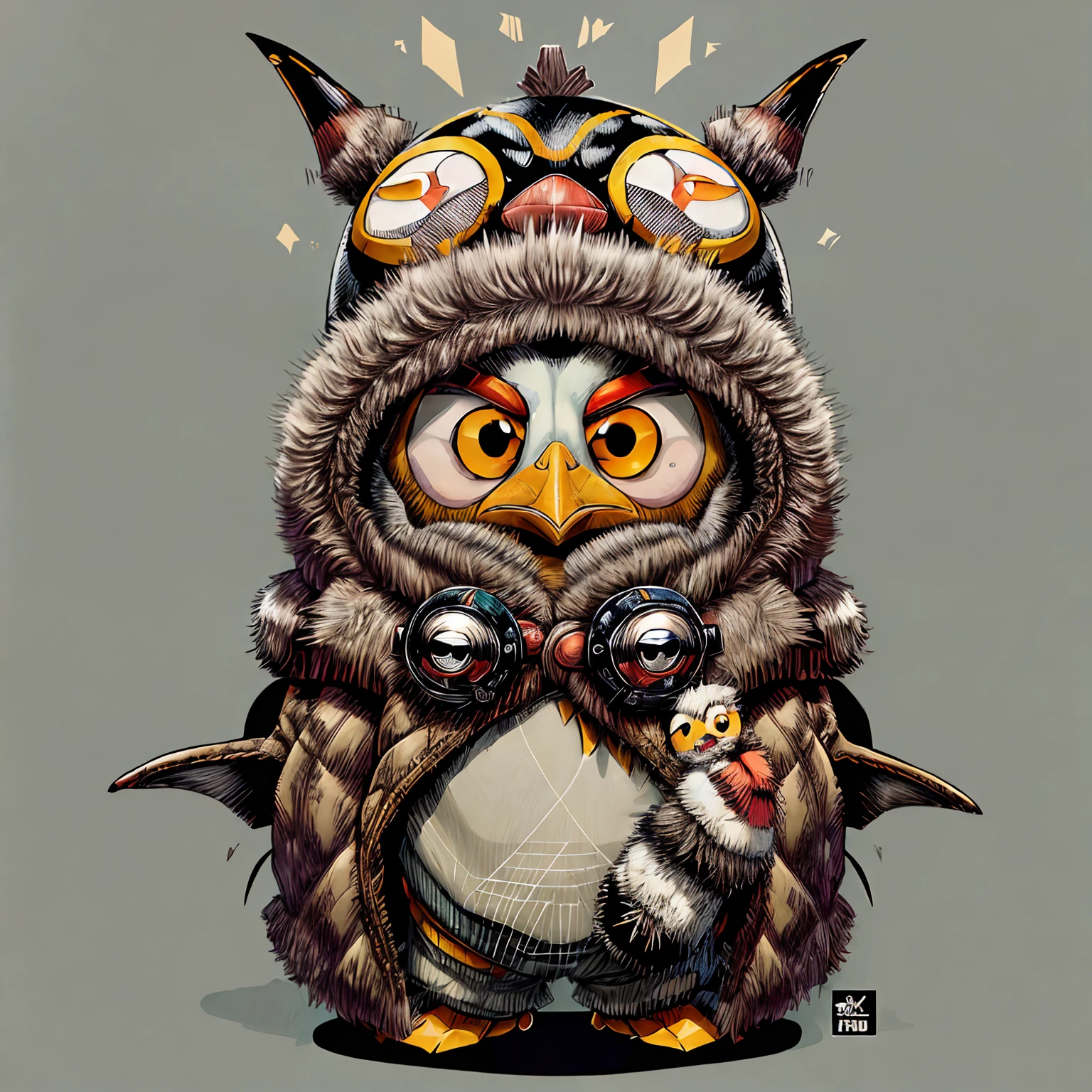 comic Penguin by Katsuya Terada, in the STYLE of Katsuya Terada. ((POKEMON STYLE Penguin)) Penguin by Katsuya Terada(comics,, manga, toon avatar, muppet, simple, stialized). Black ice furr and yellow frosty cold eyes. Wearing Brown-gray arctic gear with furr collar and hood with Googles.