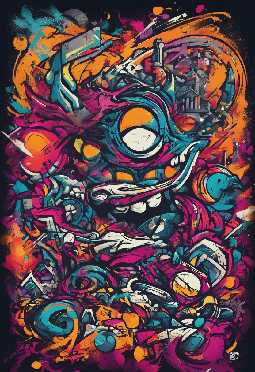 Prompt: Graffiti, The Monster, The whole picture, hight resolution、highly contrast、"Generate a premium T-shirt logo design with a dark and playful concept targeting young adults aged up to 30. No text is needed; focus on distinctive visuals."