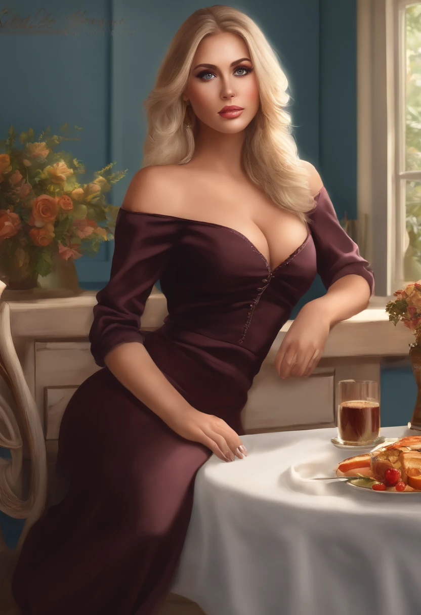 arafed woman , sexy girl with light blue eyes, large breasts, portrait Natalee, blonde hair and large eyes, selfie of a young woman, Natalya Lee, natural makeup, looking directly at the camera, face with artgram, subtle makeup, stunning full body shot, large cleavage, sitting at the dinner table, Nata Lee,