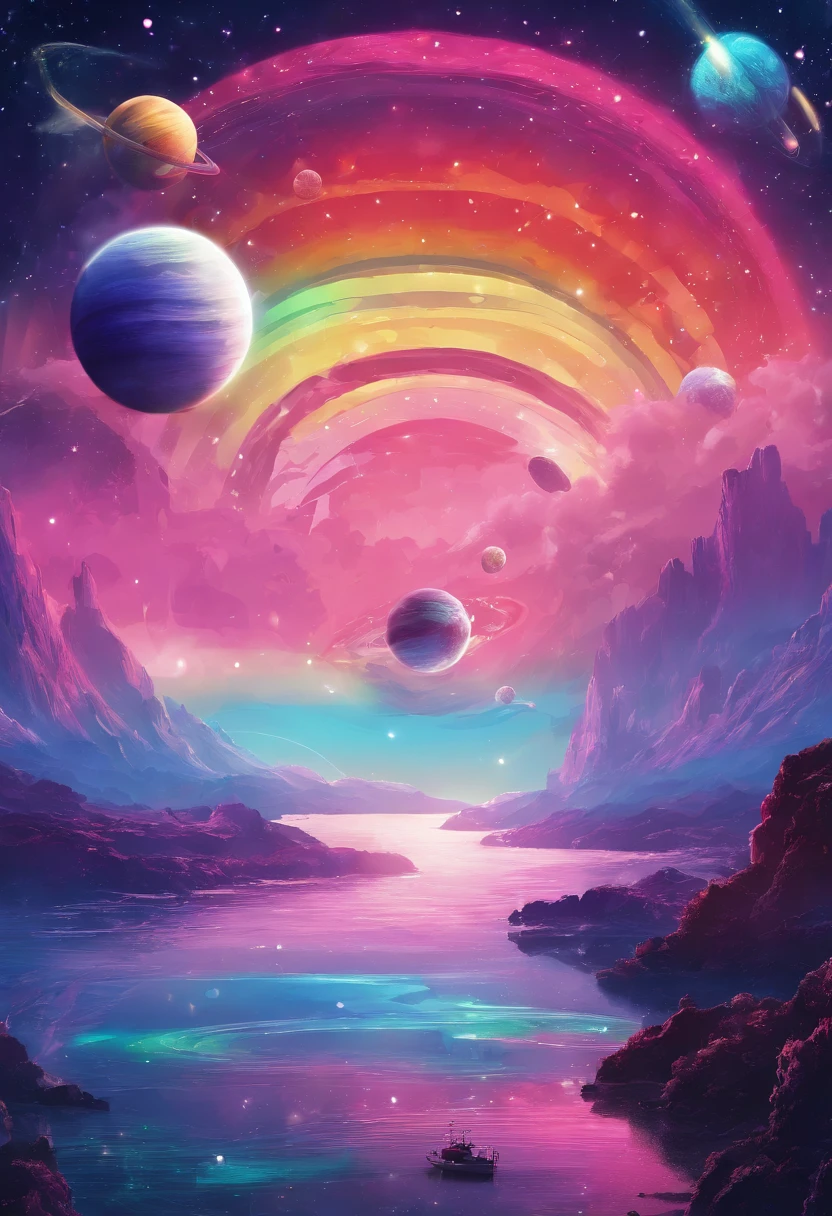 Fantastic landscapes of exotic planets, Planet with bright rainbow and rings in the sky