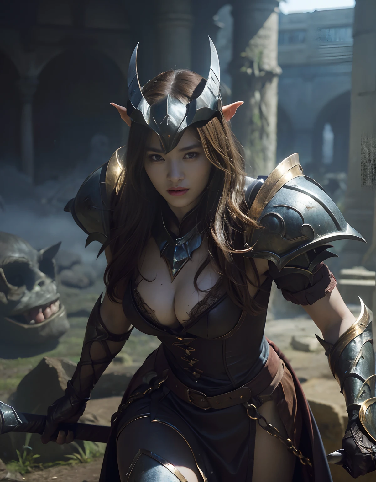 (One Knight Girl)、top-quality、masterpiece、超A high resolution、(Photorealsitic:1.4)、Raw photo、1人、(Wear the Dark Knight's Armor)、glowy skin、(((Dark Fantasy)))、Fight with beautiful swords and shields、(((Mystical expression))),(Gorgeous gold metal body)、(Fight goblins、ogre、Fierce battle with orcs),(Fighting strong enemies)、Fight fiercely、(Background of decaying dungeon ruins)、(Ultimate Beauty)、(Detailed knight's helmet)、(Fighting Demonic Beasts)、(Small LED)、((super realistic details))、portlate、(Strong giant demon beast background),globalillumination、Shadow、octan render、8K、ultrasharp、Colossal tits、Raw skin is exposed in cleavage、metals、Details of complex ornaments、Japan details、highly intricate detail、Realistic light、(Mystical expression),CGSoation Trends、Red Eyes、radiant eyes、Facing the camera)、Gundam、Small LED、Toostock、(Background of the mutation)、(Attack of the Monster Beasts)、Ultimate Beauty、beautiful female knight、Wear colorful armor、Detailed sword、(Wearing legendary armor)、