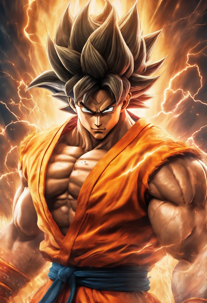 realistic 3d rendering of goku super mahadev , surrounded by lightning, big muscular, full body photography, hyperrealistic , ultra hd , size 3 : 4