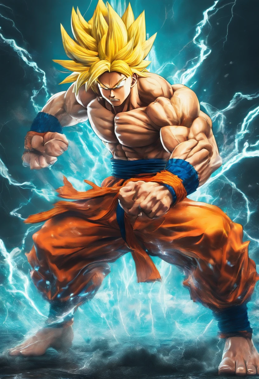 Realistic 3D rendering of Goku Super Saiyan fusion Aquaman, Surrounded by lightning, big muscle, full body photo shot, hyper realisitic