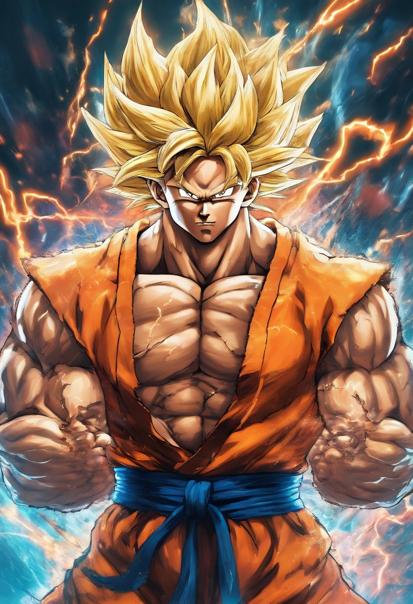Realistic 3D rendering of Goku Super Saiyan fusion Aquaman, Surrounded by lightning, big muscle, full body photo shot, hyper realisitic