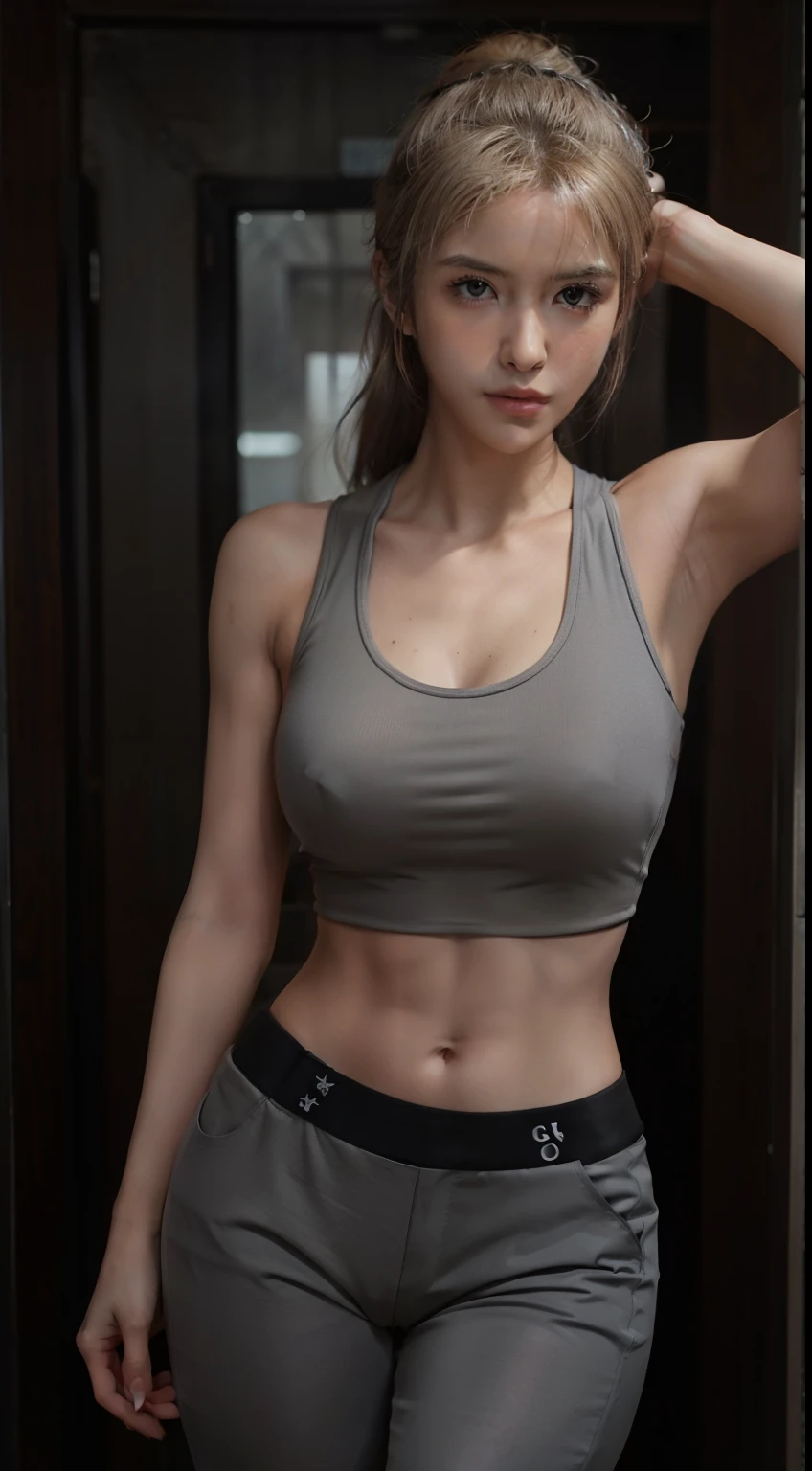 blond woman in a gray tank top and black pants posing for a picture, girl cosplay, realistic cosplay, ig model | artgerm, quiet from metal gear solid, anime girl in real life, ruan jia and artgerm, cute girl wearing tank suit, full-cosplay, as overwatch character, quiet from metal gear solid v