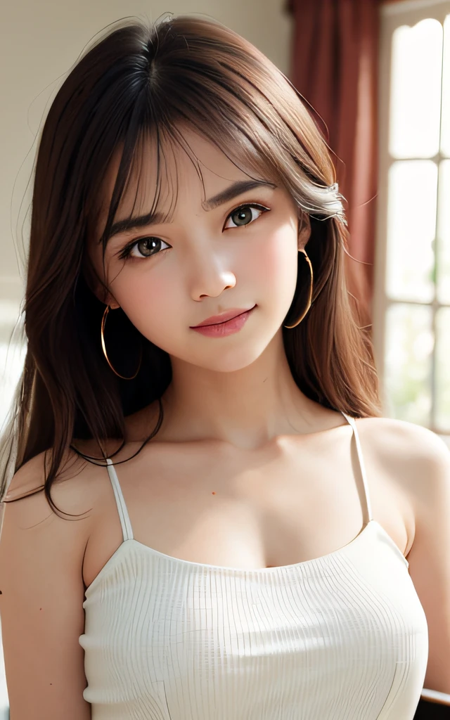 masterpiece, Best Quality, 8K, mirror placed on the desk, Raw photo, Professional Photography, Portrait, Soft light, Professional Lighting, Smile, close up, Face, close up, Cute, Girly, Goddess, Delicate girl, Neat and clean beauty, Upper body, Digital SLR, Sophisticated, Film grain,