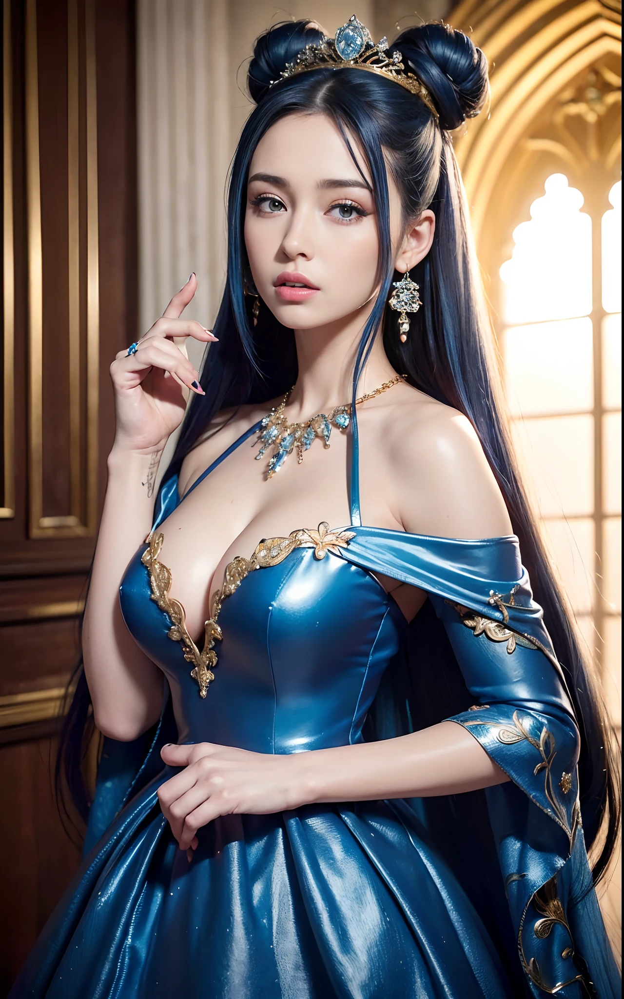 ((realisticity: 1.2)), ((realistic: 8K UHD)), ((best resolution: 8K UHD)), hyper detailed, best quality,masterpiece,highres,cg, ((1 girl hyper detailed and hyper realistic) ) , ((beautiful queen, hyper realistic and hyper detailed)),((white skin, beautiful, smooth, youthful, hyper realistic and hyper detailed )), ((Face hyper beautiful, white, hyper realistic and hyper detailed ) ), long hair, ((hyper realistic and hyper detailed dress)), solo, ((hyper realistic, hyper beautiful, beautiful and hyper detailed jewelry)), ((hyper beautiful deep red and golden yellow dress, hyper realistic and hyper detailed )) , ((Her pretty, hyper realistic, hyper detailed diamond filled earrings)), ((Her gorgeous diamond haircut, hyper realistic and hyper detailed)), ((hyper pretty upper body, hyper beautiful, hyper realistic and hyper detailed) ), ((medium breast: 1.1)), ((hyper realistic, hyper pretty, hyper detailed boobs)), ((the backgroun of the royal palace is hyper majestic, hyper realistic and hyper detailed)),((hands and palms hyper beautiful, hyper detailed, hyper realistic)), ((hyper detailed and hyper realistic fingers and fingernails)), ((hyper pretty fingernails, hyper vivid, hyper detailed, hyper realistic)), ((thumb, index finger, middle finger, ring finger, little finger hyper vivid, hyper pretty, hyper detailed, hyper realistic)), ((hyper beautiful fingers, hyper detailed, and hyper realistic)), ((posture not too fat and not too thin, hyper realistic, hyper detail)), ((hyper pretty, hyper pretty, hyper realistic and hyper detailed hair bun)), ((hyper pretty , hyper realistic and hyper detailed blue hair)), candid, Photo, high resolution, 8k , bokeh,