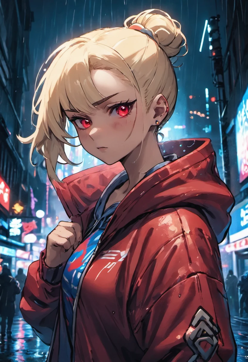 Close-up photos, Confident young cyberpunk woman with blonde and white hair in a bun, Wearing a hoodie with red and blue design, On a rainy street at night, Photorealistic, Cinematic lighting