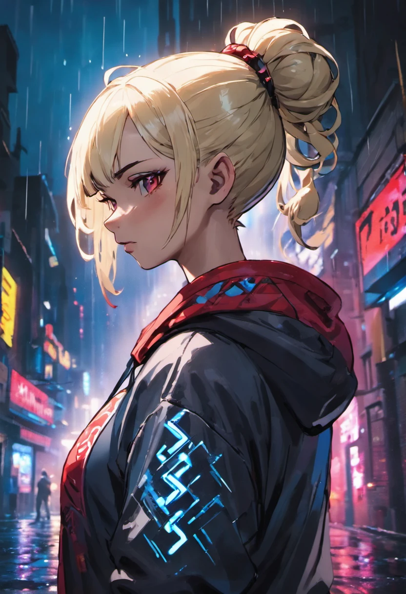 Close-up photos, Confident young cyberpunk woman with blonde and white hair in a bun, Wearing a hoodie with red and blue design, On a rainy street at night, Photorealistic, Cinematic lighting