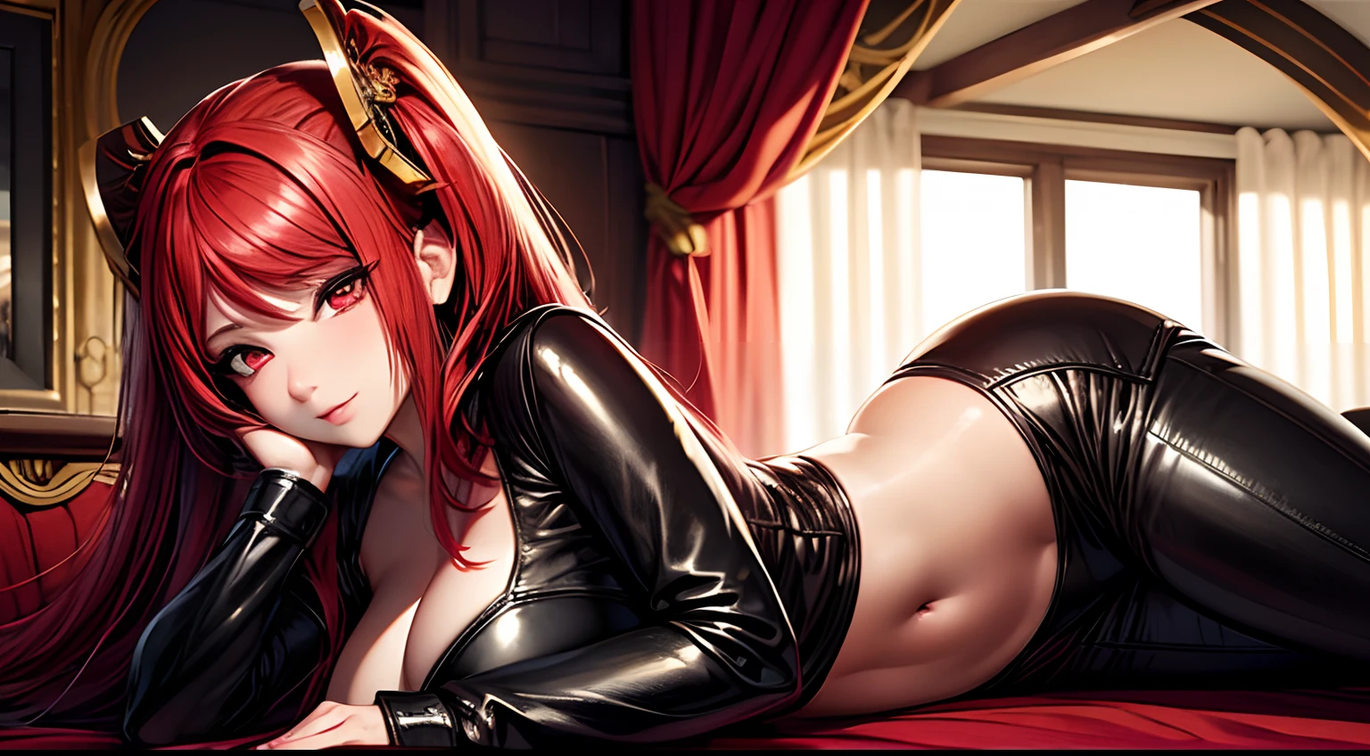 1sona , sona face, red hair, red eyes, ojos agudos, ojos rectos, hair ornament, Leather Clothes, lenceria, sexi body, big bobs, Retrato en primer plano, focus bobs, dormitorio, Luz de la tarde, add_detail:1