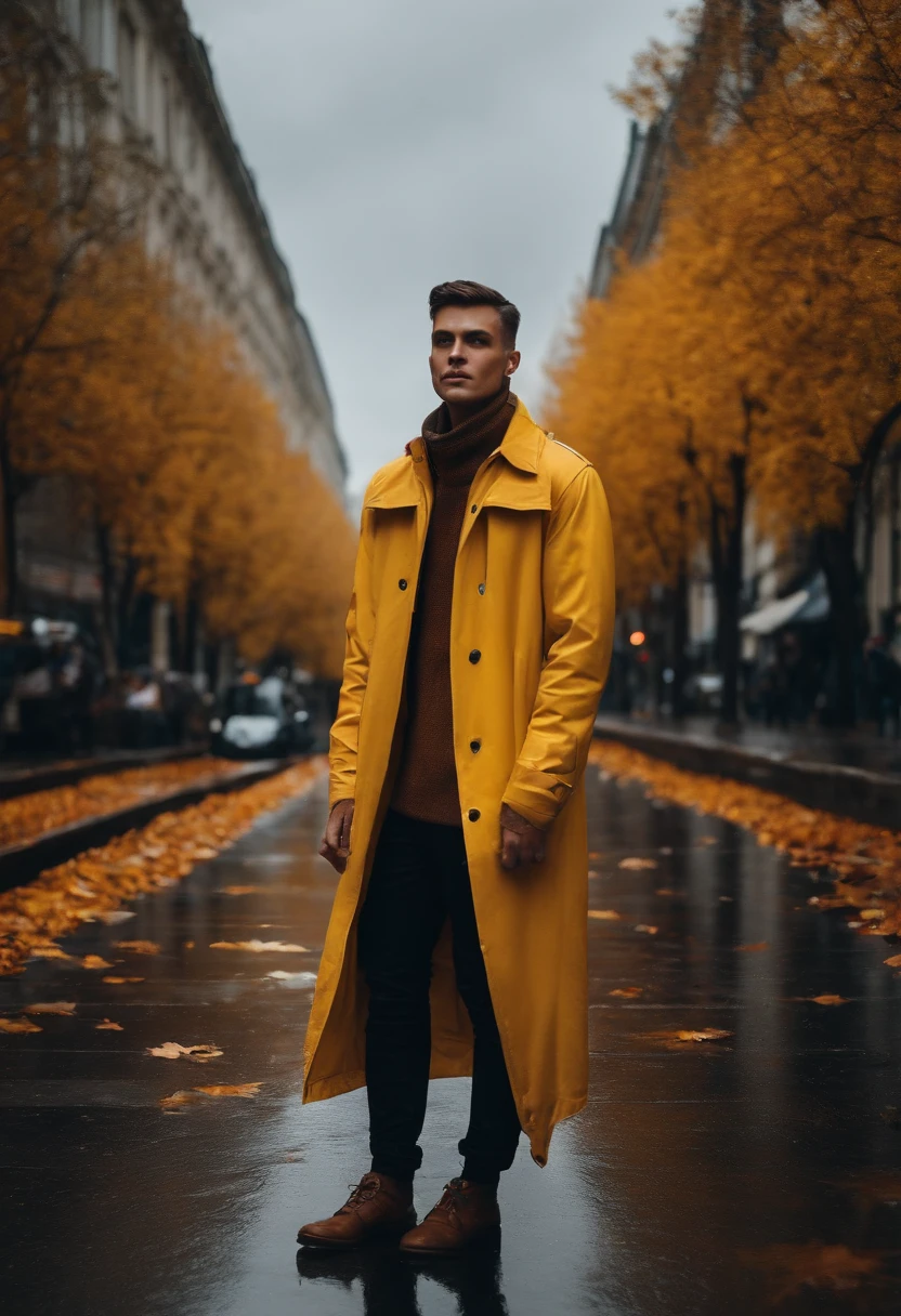 Autumn It's raining Very cold streets Men around 30 wearing yellow jackets Standing posture Beauty in abstraction Center display Looking at the camera Close to perfect Short hair HD resolution