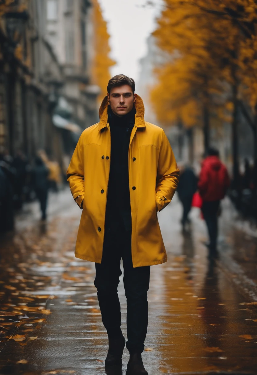 Autumn It's raining Very cold streets Men around 30 wearing yellow jackets Standing posture Beauty in abstraction Center display Looking at the camera Close to perfect Short hair HD resolution