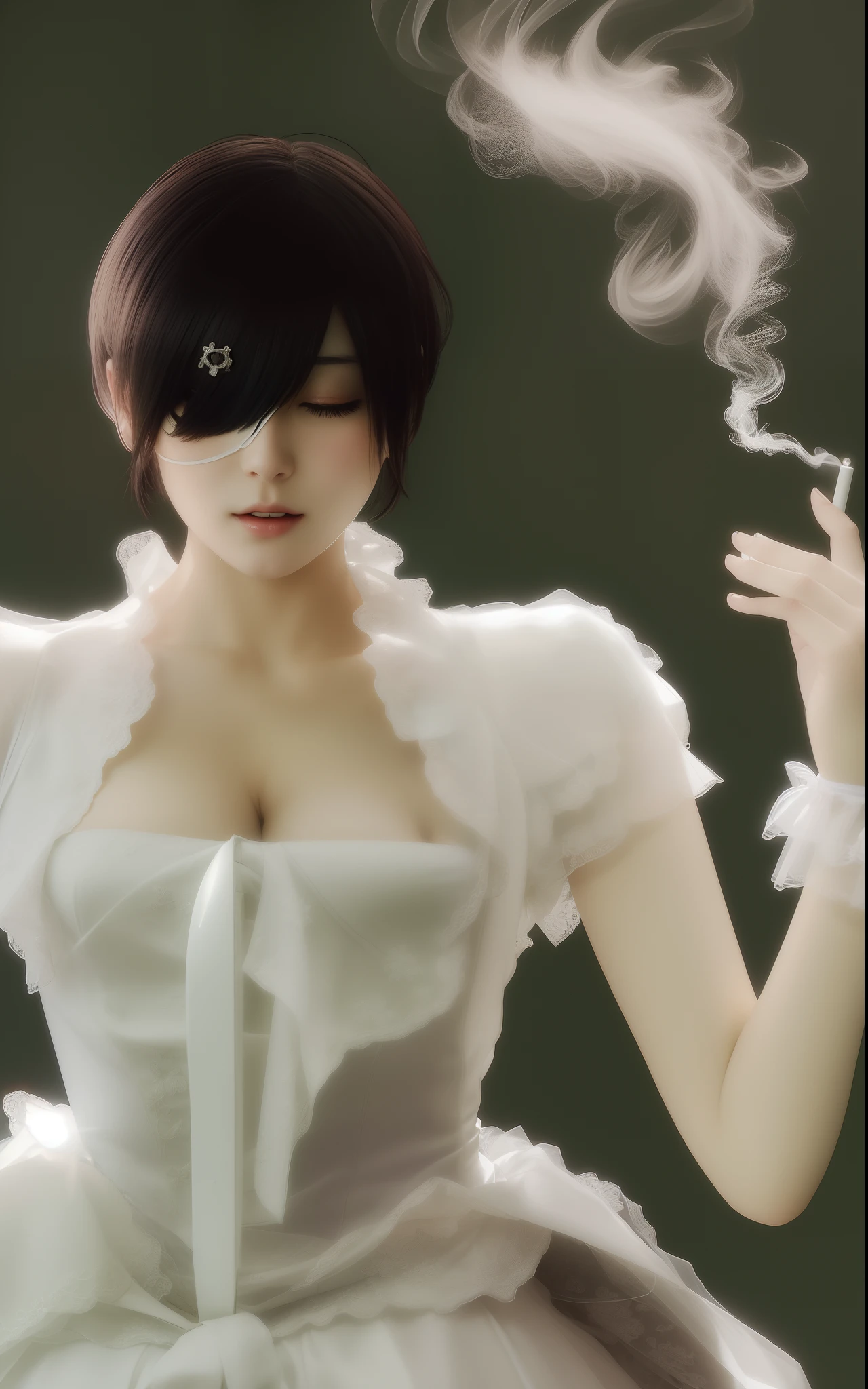 anime girl in a white wedding dress holding a cigarette, realistic, short hair, using eyepatch on right eye, closed eyes