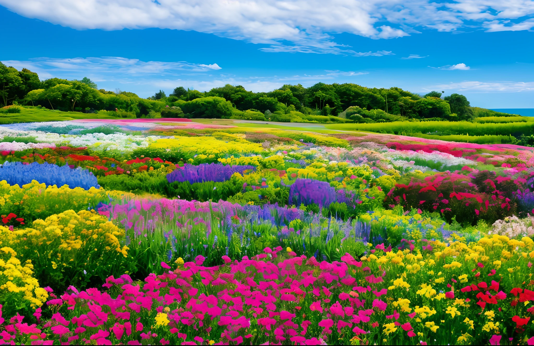 Blue sky and sea of flowers