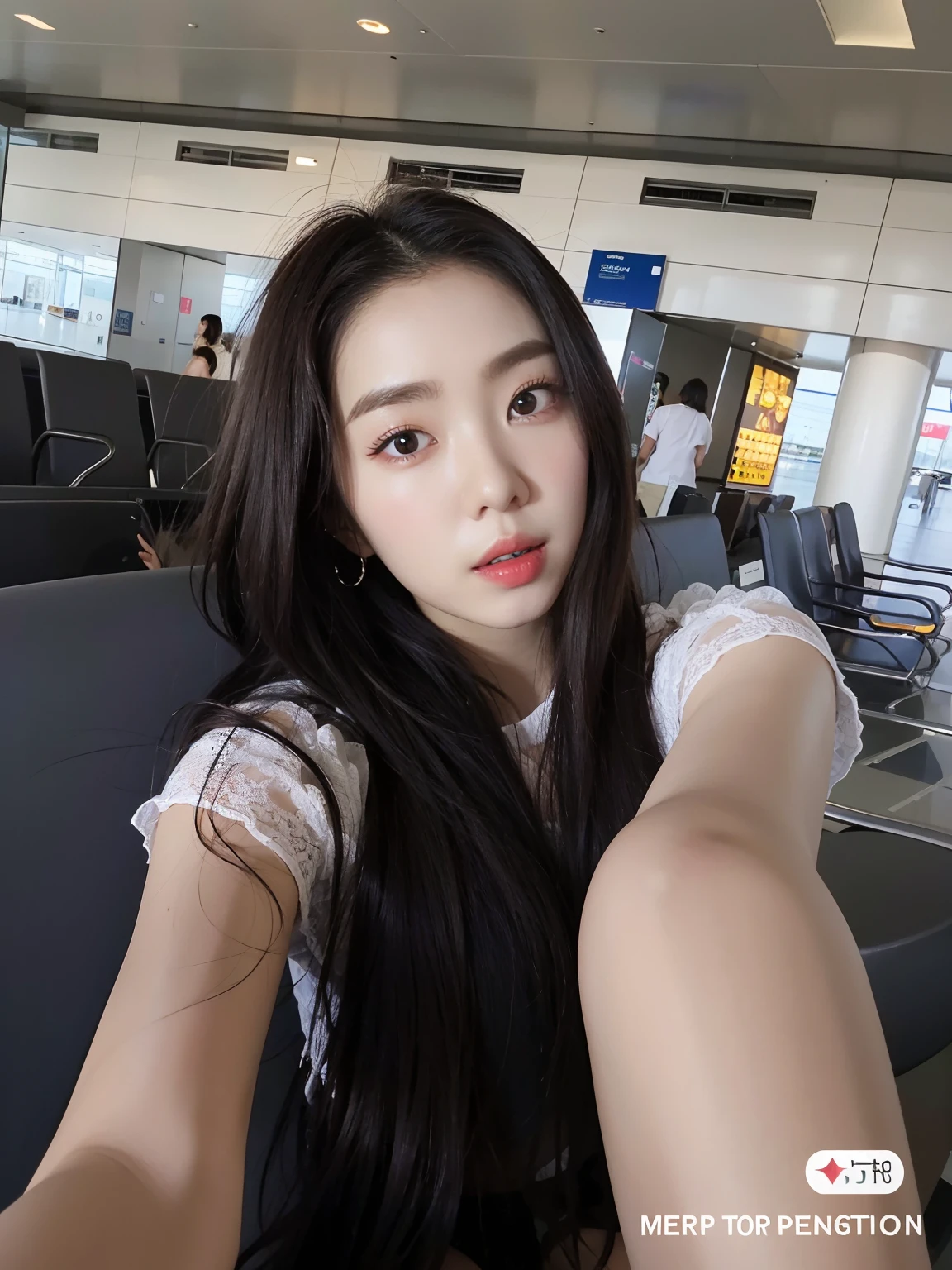 Girl sitting in car taking a selfie with her phone, Close-up by Liu Yifei