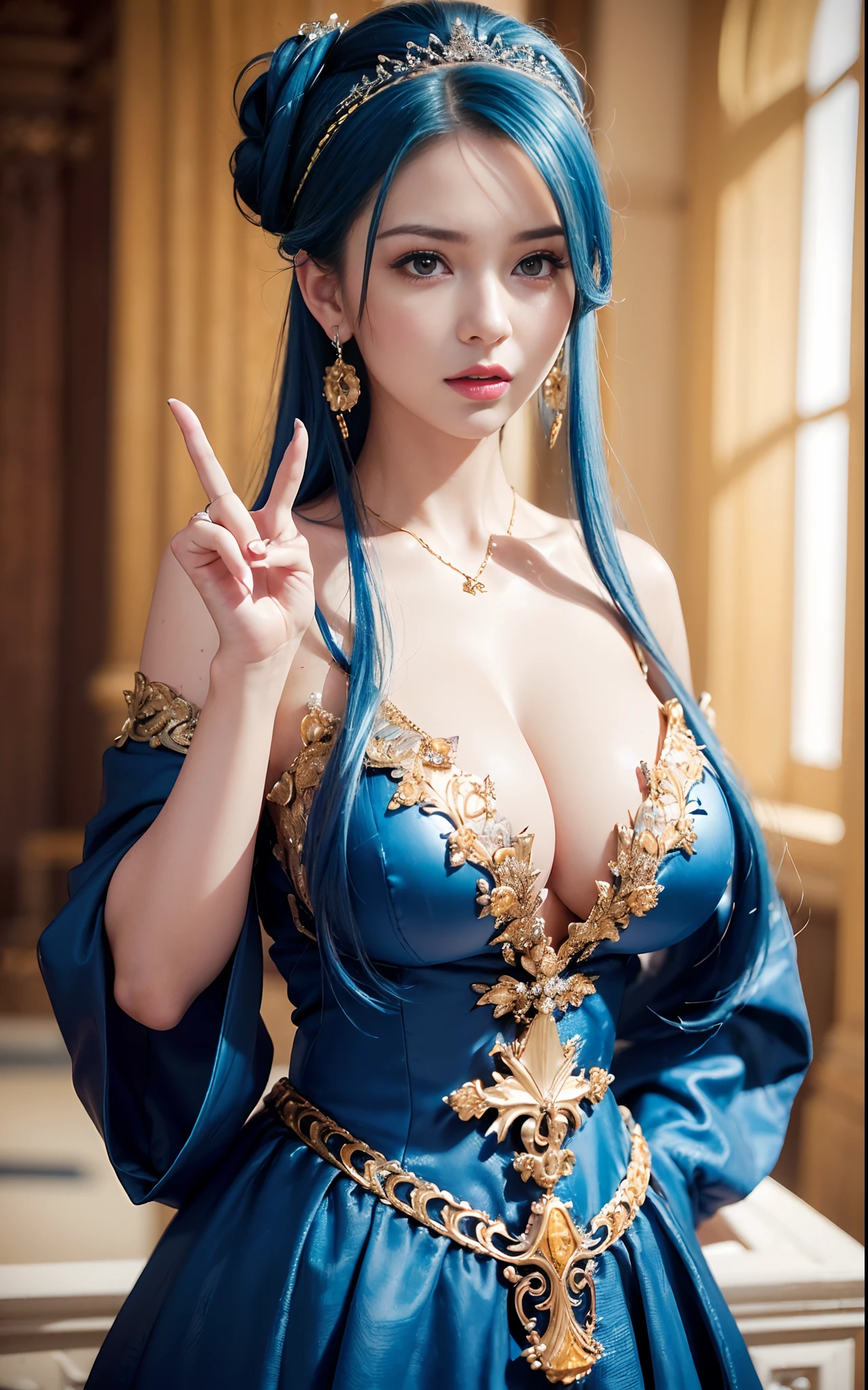 ((realisticity: 1.2)), ((realistic: 8K UHD)), ((best resolution: 8K UHD)), hyper detailed, best quality,masterpiece,highres,cg, ((1 girl hyper detailed and hyper realistic) ) , ((beautiful queen, hyper realistic and hyper detailed)),((white skin, beautiful, smooth, youthful, hyper realistic and hyper detailed )), ((Face hyper beautiful, white, hyper realistic and hyper detailed ) ), long hair, ((hyper realistic and hyper detailed dress)), solo, ((hyper realistic, hyper beautiful, beautiful and hyper detailed jewelry)), ((hyper beautiful deep red and golden yellow dress, hyper realistic and hyper detailed )) , ((Her pretty, hyper realistic, hyper detailed diamond filled earrings)), ((Her gorgeous diamond haircut, hyper realistic and hyper detailed)), ((hyper pretty upper body, hyper beautiful, hyper realistic and hyper detailed) ), ((medium breast: 1.1)), ((hyper realistic, hyper pretty, hyper detailed boobs)), ((the backgroun of the royal palace is hyper majestic, hyper realistic and hyper detailed)),((hands and palms hyper beautiful, hyper detailed, hyper realistic)), ((hyper detailed and hyper realistic fingers and fingernails)), ((hyper pretty fingernails, hyper vivid, hyper detailed, hyper realistic)), ((thumb, index finger, middle finger, ring finger, little finger hyper vivid, hyper pretty, hyper detailed, hyper realistic)), ((hyper beautiful fingers, hyper detailed, and hyper realistic)), ((posture not too fat and not too thin, hyper realistic, hyper detail)), ((hyper pretty, hyper pretty, hyper realistic and hyper detailed hair bun)), ((hyper pretty , hyper realistic and hyper detailed blue hair)), candid, Photo, high resolution, 8k , bokeh,