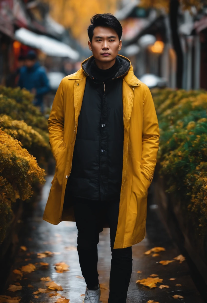 Autumn It's raining Very cold street Chinese man around 30 years old wearing yellow jacket Standing posture Abstract beauty Central display Looking at camera Close to perfect Short hair HD resolution