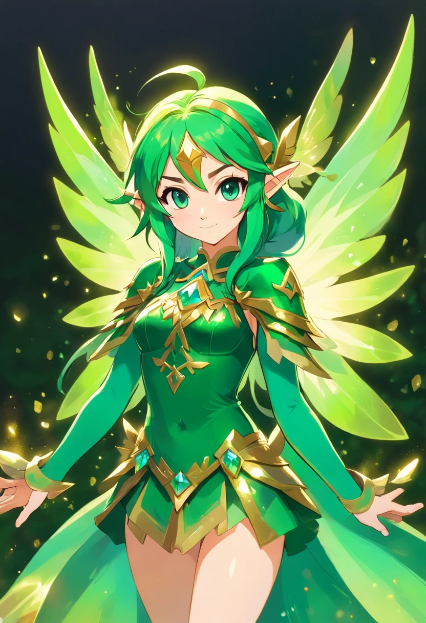 Fairy, iridescent green wings, armor made of iridescent green crystal, green hair and eyes, glowing with power, masterpiece, best quality