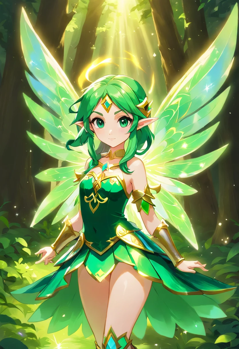 Fairy, iridescent green wings, armor made of iridescent green crystal, green hair and eyes, glowing with power, masterpiece, best quality