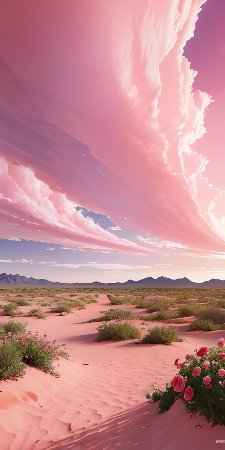 Summer, desert, pink clouds, a land overgrown with roses, James Gurney, art station rendering, ultra-wide lens, high definition