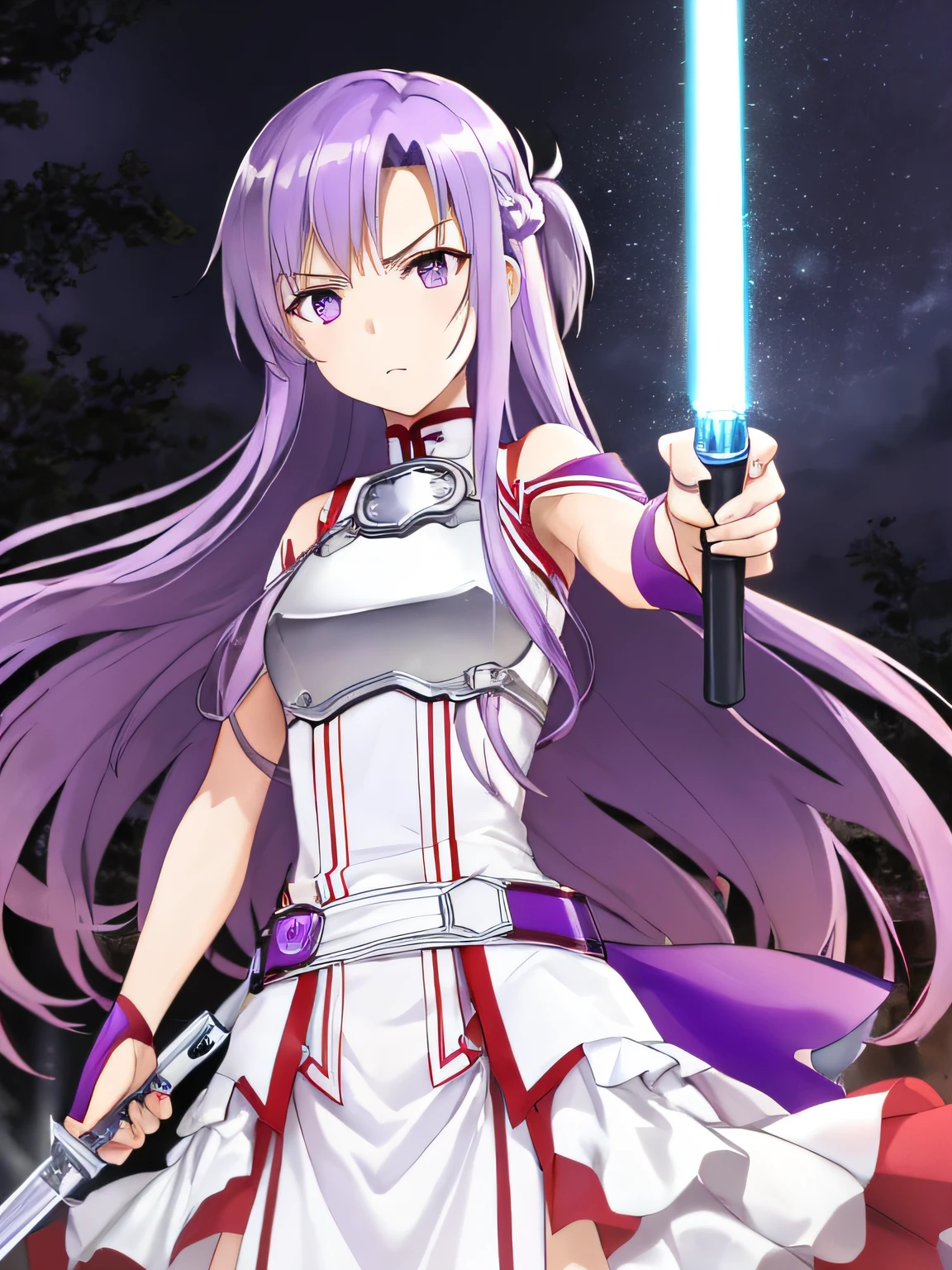 An ultra-high picture quality、(​masterpiece)、[[3D images:1.25]]、(top-quality:1.2)、Sword-wielding girl, Solo, Singhati, Serious, Grip the purple lightsaber, Fighting stance, illustratio、Red and white attire、full-body view,best pictures,Close up of Asuna Yuuki holding a sword、(((\Asuna fell into the darkness with purple hair and purple eyes\)))、Attractive petite cute girl, Cowboy Shot,