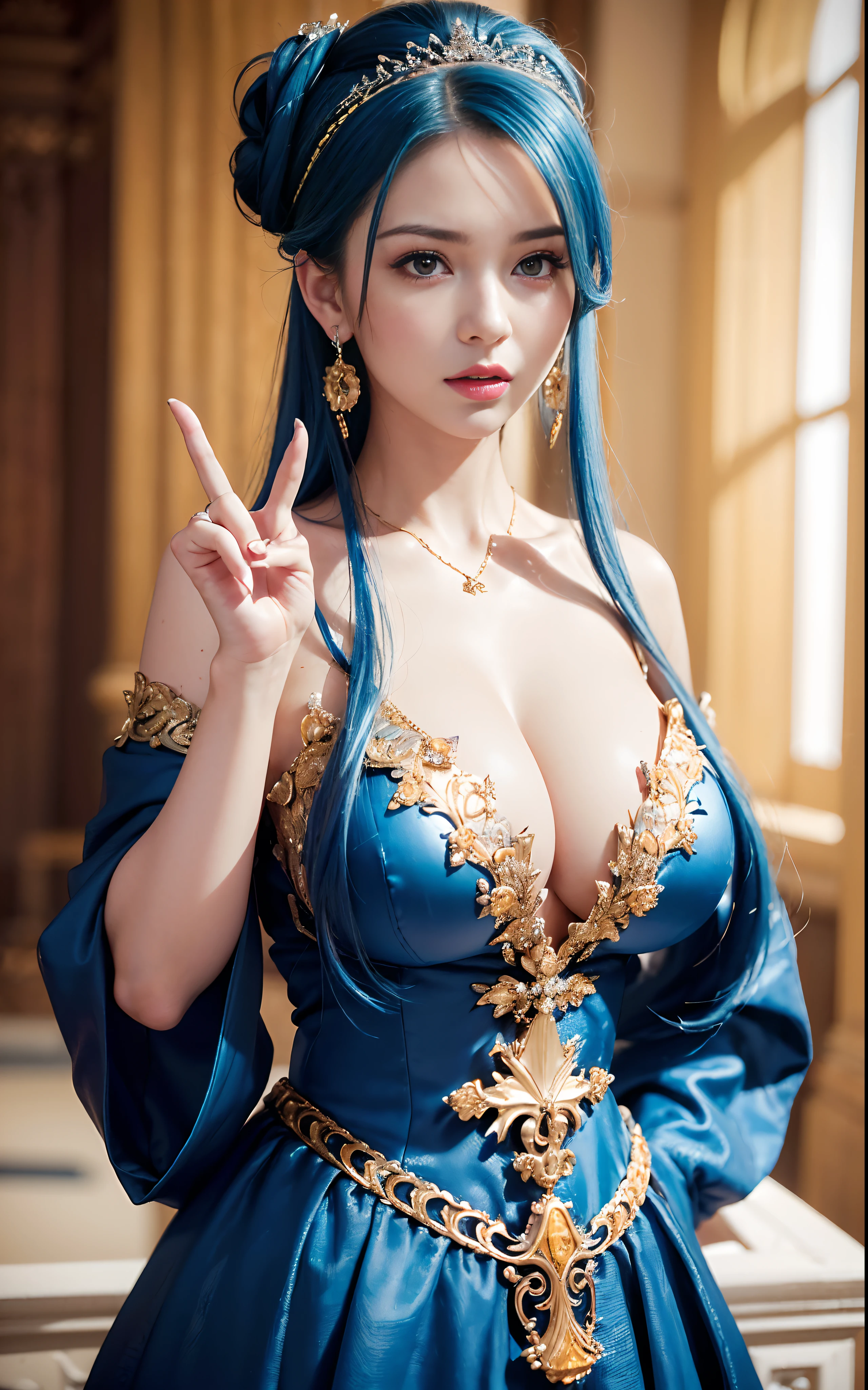 ((realisticity: 1.2)), ((realistic: 8K UHD)), ((best resolution: 8K UHD)), hyper detailed, best quality,masterpiece,highres,cg, ((1 girl hyper detailed and hyper realistic) ) , ((beautiful queen, hyper realistic and hyper detailed)),((white skin, beautiful, smooth, youthful, hyper realistic and hyper detailed )), ((Face hyper beautiful, white, hyper realistic and hyper detailed ) ), long hair, ((hyper realistic and hyper detailed dress)), solo, ((hyper realistic, hyper beautiful, beautiful and hyper detailed jewelry)), ((hyper beautiful deep red and golden yellow dress, hyper realistic and hyper detailed )) , ((Her pretty, hyper realistic, hyper detailed diamond filled earrings)), ((Her gorgeous diamond haircut, hyper realistic and hyper detailed)), ((hyper pretty upper body, hyper beautiful, hyper realistic and hyper detailed) ), ((medium breast: 1.1)), ((hyper realistic, hyper pretty, hyper detailed boobs)), ((the backgroun of the royal palace is hyper majestic, hyper realistic and hyper detailed)),((hands and palms hyper beautiful, hyper detailed, hyper realistic)), ((hyper detailed and hyper realistic fingers and fingernails)), ((hyper pretty fingernails, hyper vivid, hyper detailed, hyper realistic)), ((thumb, index finger, middle finger, ring finger, little finger hyper vivid, hyper pretty, hyper detailed, hyper realistic)), ((hyper beautiful fingers, hyper detailed, and hyper realistic)), ((posture not too fat and not too thin, hyper realistic, hyper detail)), ((hyper pretty, hyper pretty, hyper realistic and hyper detailed hair bun)), ((hyper pretty , hyper realistic and hyper detailed blue hair)), candid, Photo, high resolution, 8k , bokeh,