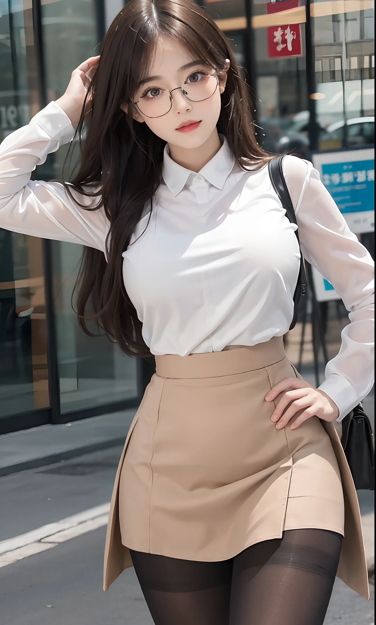 ulzang-6500-v1.1, (RAW photo:1.2), (Photorealistic:1.4), Beautiful detailed girl, Very detailed eyes and face, Beautiful detailed eyes, ridiculous, Incredibly Ridiculous res, hugefilesize, Super detailed, high resolution, Very detailed, Best quality, Masterpiece, ((fashion clothing with diverse colors)), illustration, Very detailed, CG, unified, 8K wallpaper, Amazing, finedetail, Masterpiece ,Best quality, Very detailed CG uniform 8k wallpaper, light in face, Movie lighting, 1girll, 16 years old, Long white hair, side splits, (Big breasts), ()), (Glasses), ((Dynamic pose))), ((Sexy pose))), (camel-toe), (Half), (Pantyhose)), ((Black hip skirt))