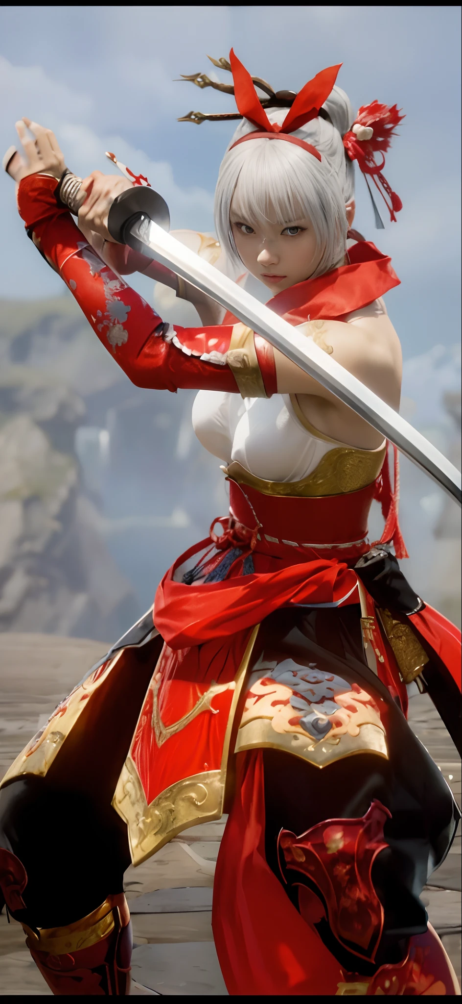 a beautiful Japanese woman with silver hair and light blue silver eyes in a red outfit holding a katana sword, fighting game character, as a character in soul calibur, kitsune inspired armor, white and red clothing, dramatic wielding sword pose, samurai ninja outfit, (Extremely Detailed), (Best Illustration), (Beautiful and Detailed Eyes), (Best Quality), (Ultra Detailed), (Masterpiece ), ( wallpaper), (detailed face), solo, a attractive Japanese silver anime haired female, (realistic, photo-realistic:1.37), (insanely detailed:1.3), 8k, (masterpiece), (best quality:1.4), (ultra high res:1.2), (RAW photo:1.2), professional lighting, cinematic realism