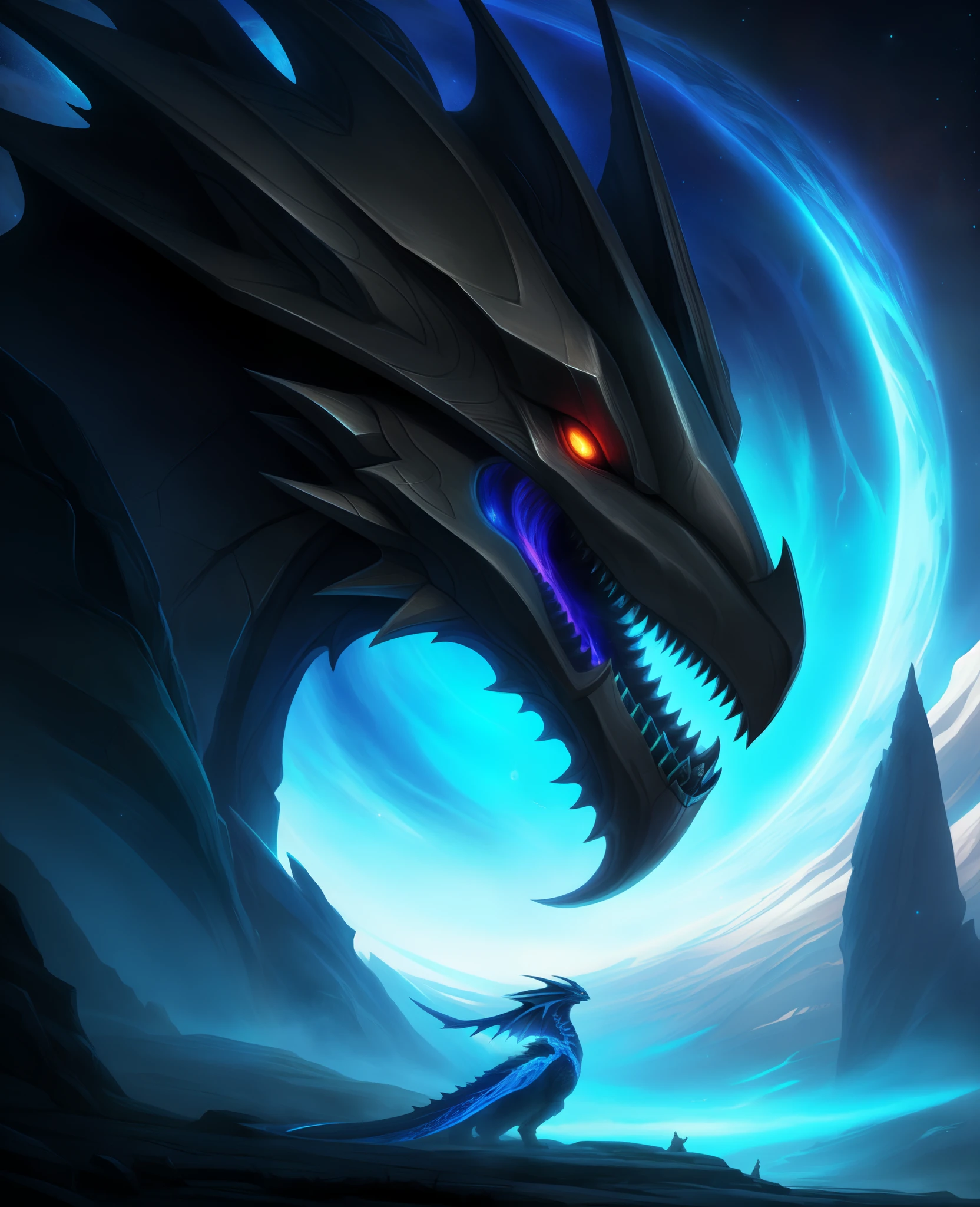 A close-up of a black dragon, ojos azules brillantes y profundos, alado, con un planeta en el fondo, epic fantasy sci fi illustration, epic fantasy digital art style, Colores obas curos predominando el negro y el azul, epic scifi fantasy art, 4K fantasy art, amazing space creature 4 k, fantasy planet, wide angle fantasy art, 8k fantasy art, Concept Art Wallpaper 4K, epic fantasy illustration, epic fantasy digital art, 8K impresionantes obras de arte