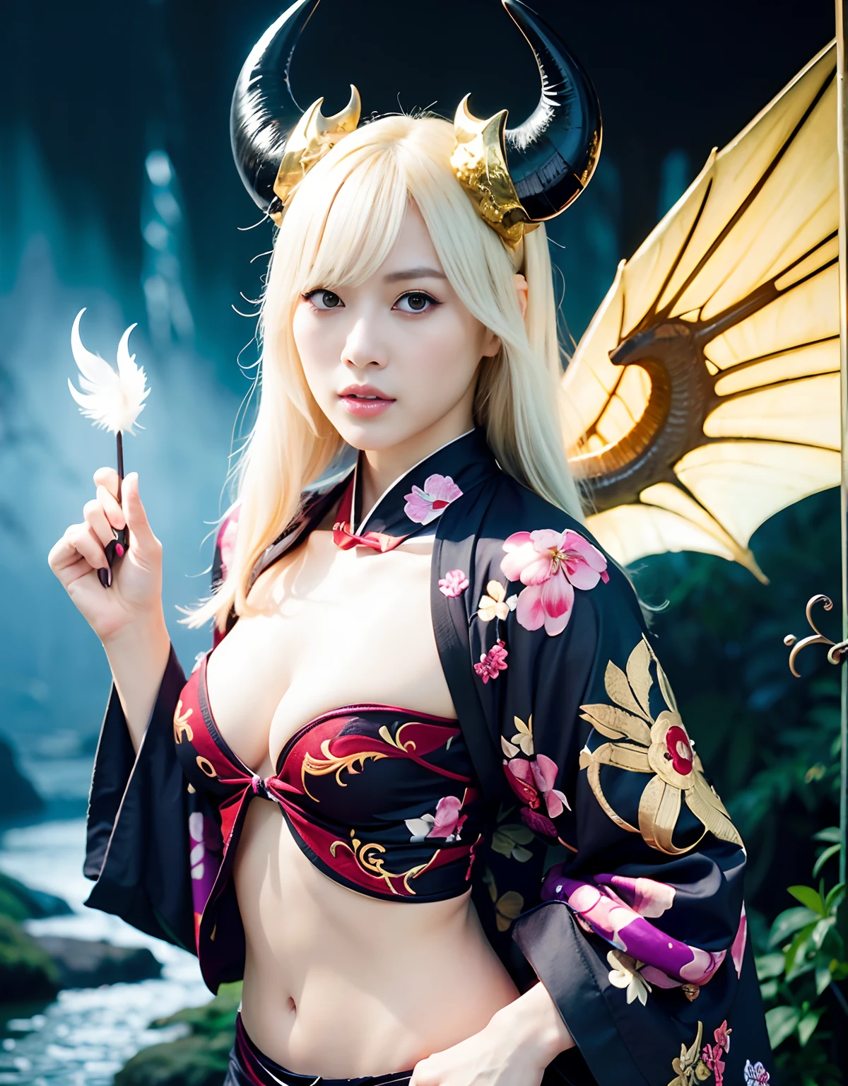((White ghost flies)),Professional , masterpiece、top-quality、photos realistic , depth of fields 、(Various poses)、(Background of cherry blossoms in full bloom),(Ultimate Beauty)、(A dark-haired)、(Fight ninjas)、Mystical expression、(Kimono with scary pattern)、(Night background)、Precipitous cliffs、((Devil's Wings Grow)),(Wear a kimono with a floral pattern),Armpit、(Wearing a colorful and beautiful kimono)、Jewel Gold Weapon、Particles of light),(Has a devil's mask)、Gorgeous gold weapons ,Skeleton population、(( Gorgeous Dragon Sword)) , (a dark night),,(White ghost flies) 、((Black Haired Beautiful Girl))、(Castle background)、(demonic wings)、((Gangle's forest background))、Beautiful Caucasian beauty、1a person、dynamic ungle,(((Two devil's horns on the head)))、Smaller head、Idle Smile、Thin and beautiful female hands、Mystical expression、Light Effects、intense fighting、Wind-effect、magic circles、With the legendary magic wand、Dragon's tail、